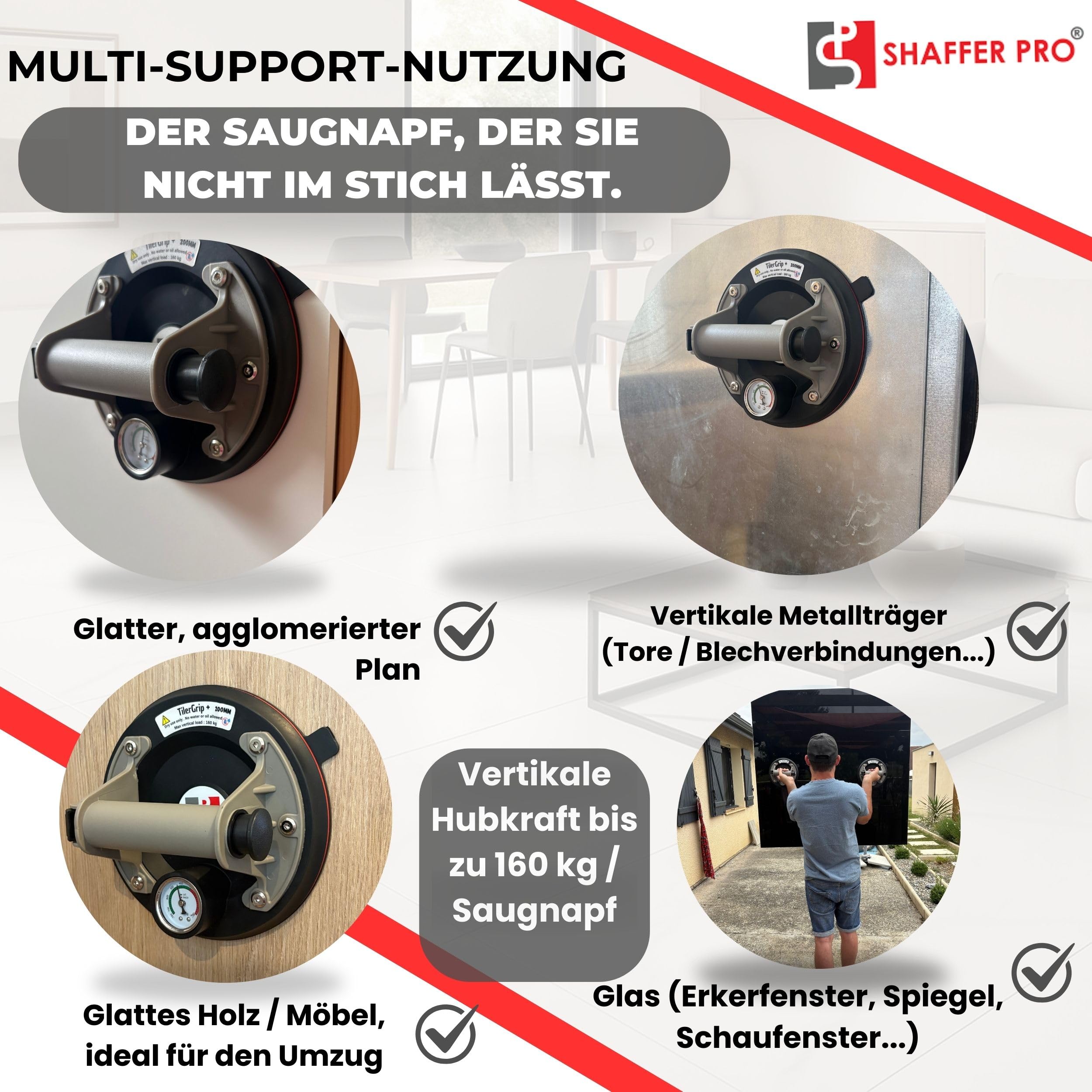 Saugheber Set 2 Stück – Vakuum Glassauger mit Griff – Fliesensaugheber als Hebewerkzeug für Fliesen, Glas, Feinsteinzeug, Granit & Fenster – Tragkraft bis 320 kg
