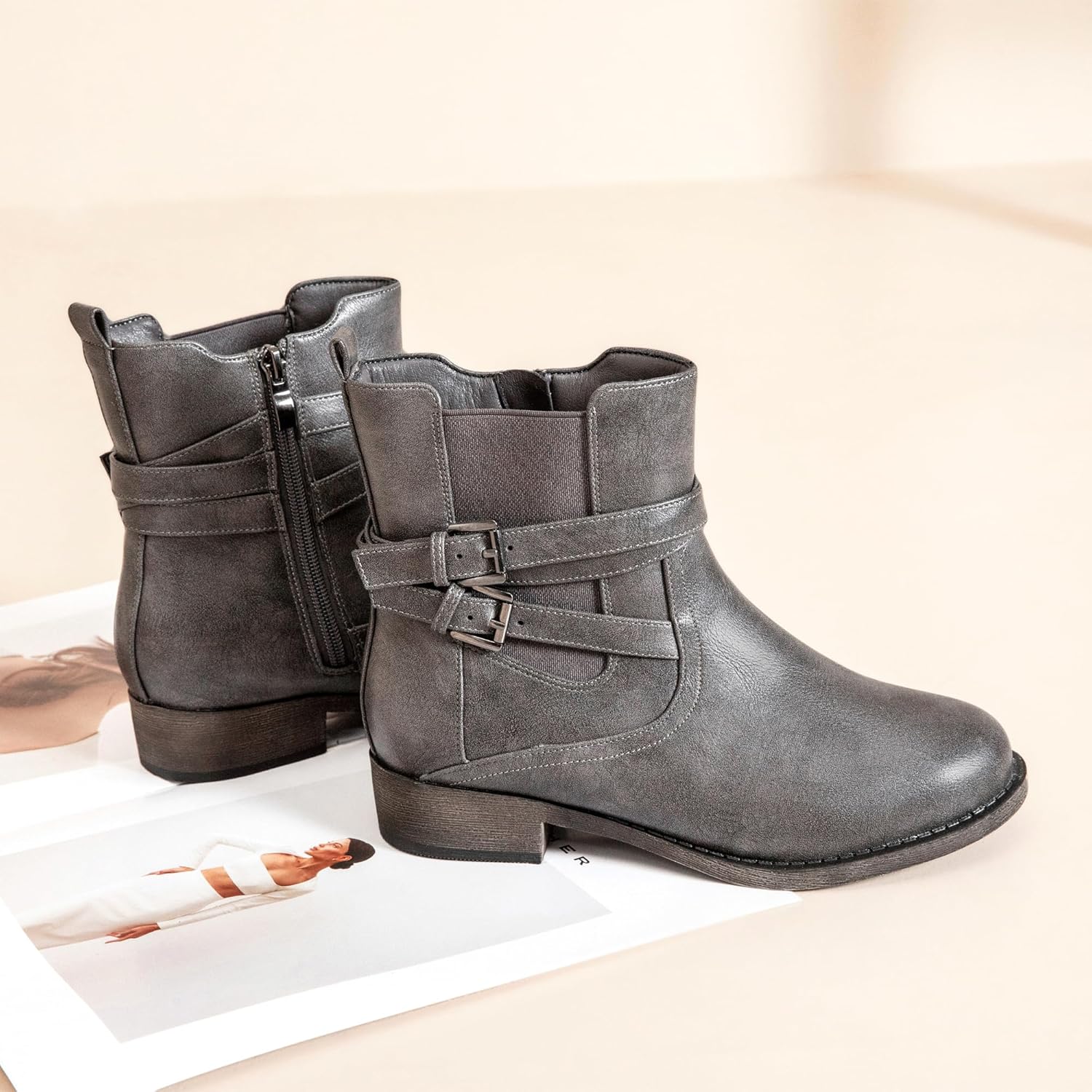 Ataiwee Women's Ankle Boots - Classic Side Zip, Comfortable Platform, Cover with Buckle Strap, Round Toe, Low Chunky Heel Comfort Slip On Fashion (Black/Dark Brown/Grey) Boots. - Image 3