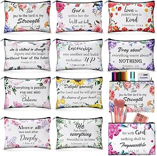 12 Pcs Christian Bible Verse Cosmetic Bag for Girls Women Inspirational Quote Makeup Bags Motivational Cosmetic Pouch Christian Bible Gifts for Daughter Sister Canvas Travel Organizer Pouch