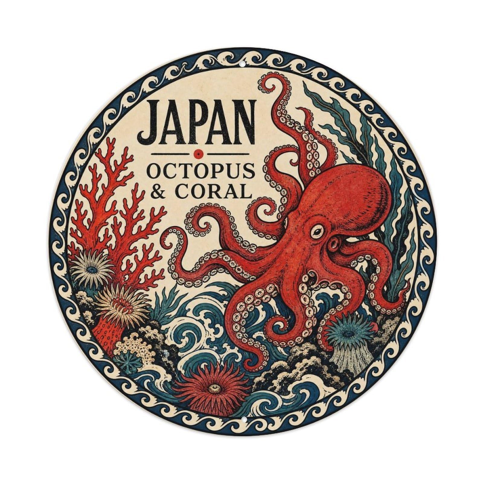 Olyhtr 8X8inch Classic Style Edo Japan Octopus Coral Ceramic Folk Pattern Metal Tin Sign
