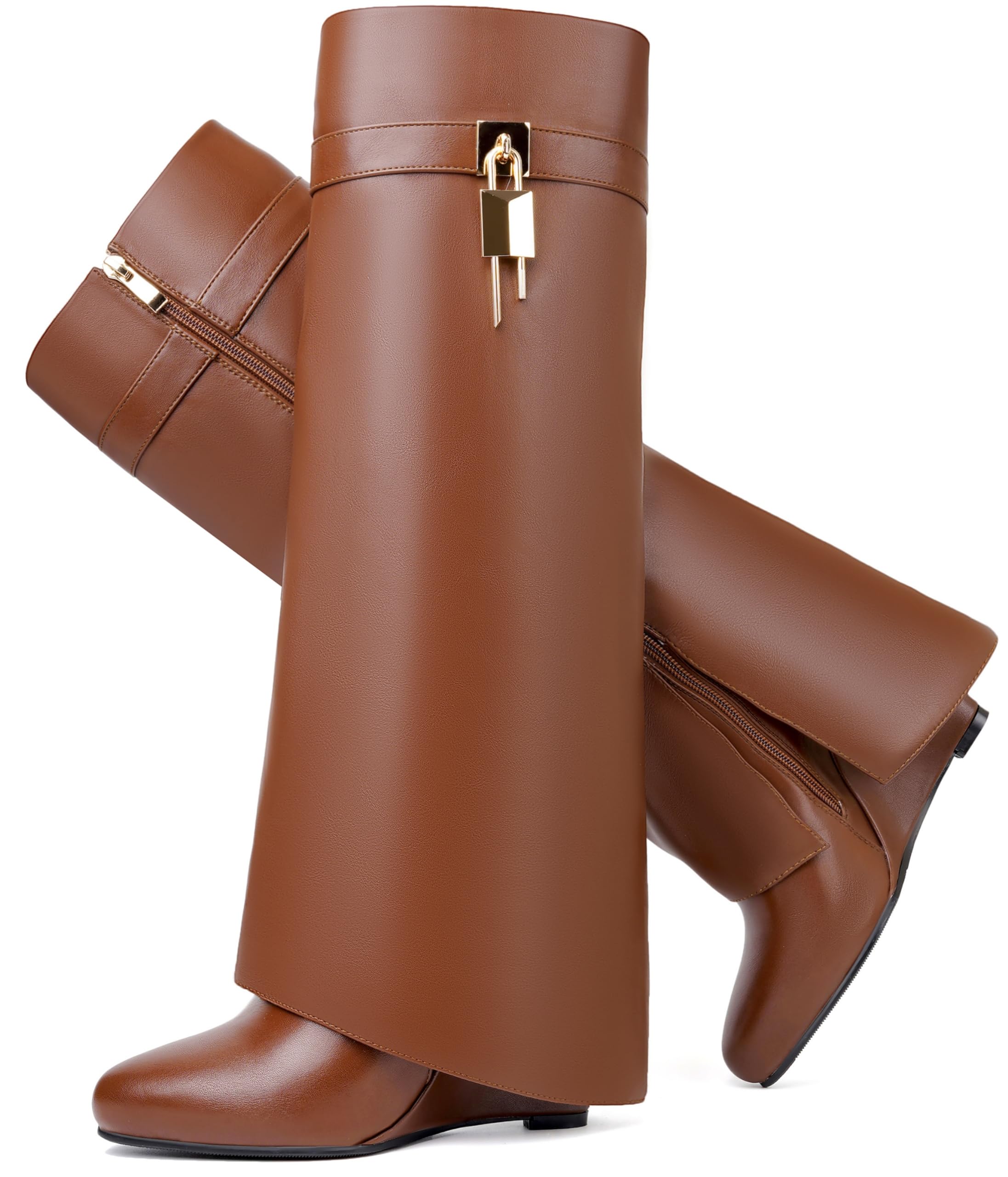 Women's Fold Over Knee High Shark Boots 4-Inch Wedge Heel Side Zipper