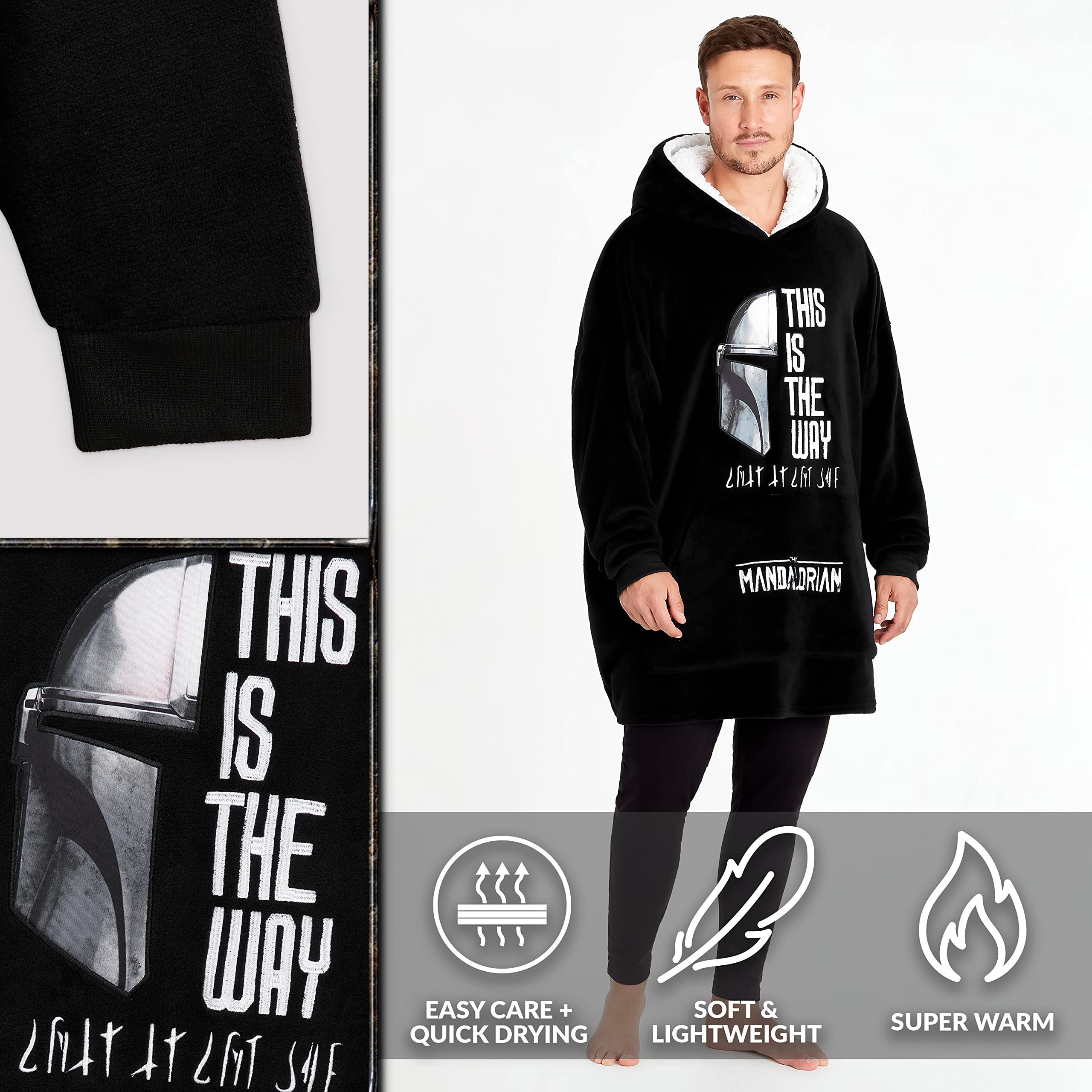 Disney Męska bluza z kapturem The Mandalorian, polarowa, oversize'owa bluza z kapturem Baby Yoda (Czarna/Biała)