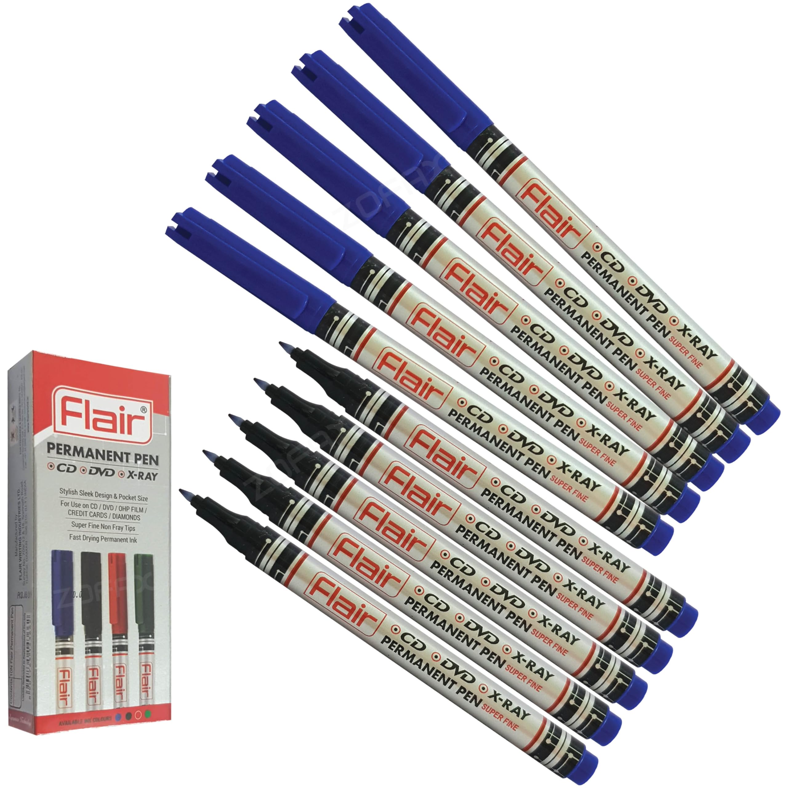 Back2School SuperFine Permanent Marker Pens, BLUE, Pack of 10, Waterproof Smudge Resistant, Quick Dry, CD DVD OHP Pens, Write Most Surfaces, ZOFAX Black Ball Pen