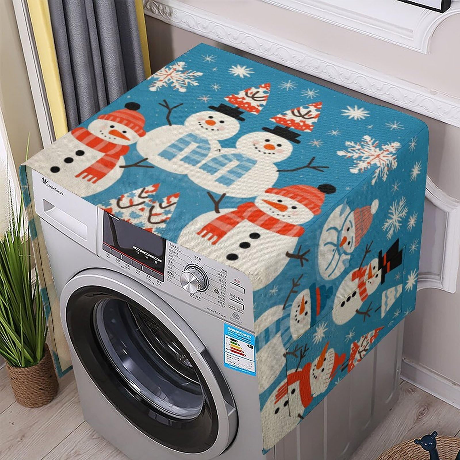 Fodpand White Washing Machine Cover For Top Load Dustproof Snowman Washer And Dryer Cover With Storage Pockets Household Appliance Covers Washable Top Protector Mat Pad For Laundry & Kitchen