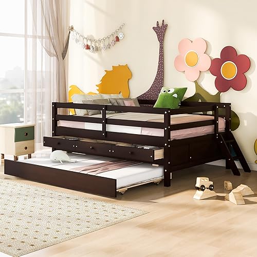 Miniatura 53 de Quarte Sofá cama multifuncional de tamaño individual con nido y estantes plegables en ambos lados, sofá cama con marco de madera y listones, para