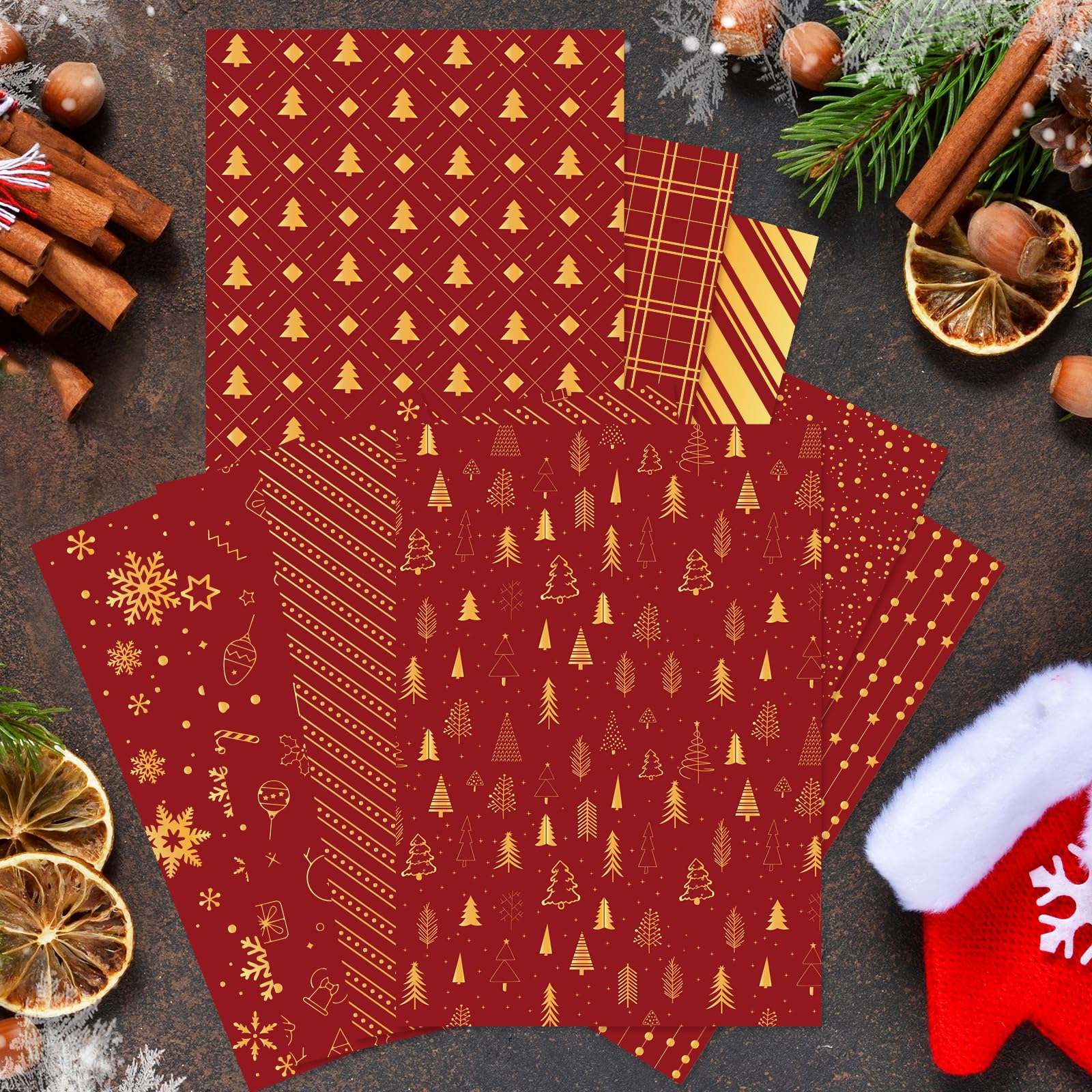 MIAHART 90 Sheets Merry Christmas Pattern Paper Set 10 Designs A5 Size Festival Decorative Craft Paper for Card Making Scrapbook (Red & Gold - Image 3