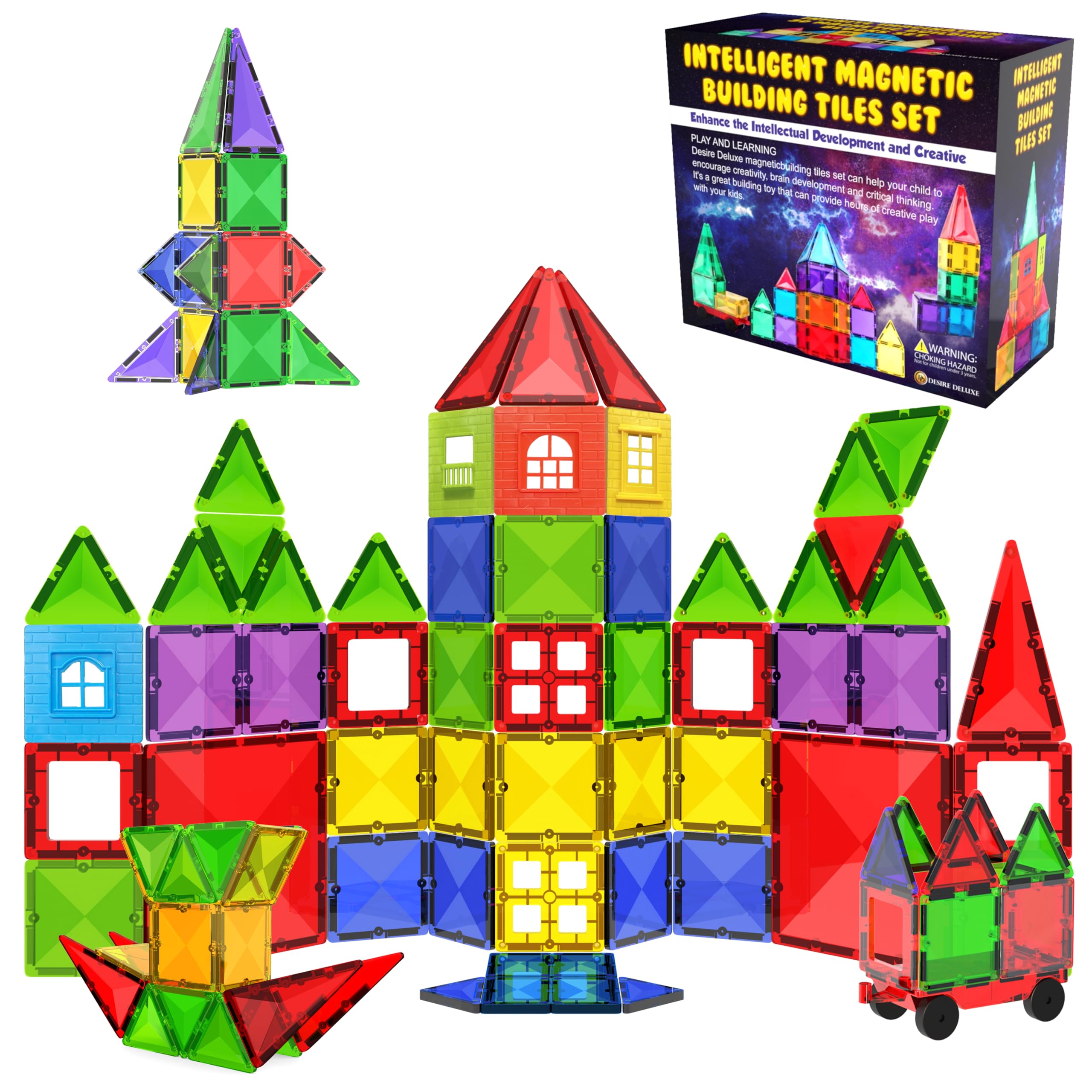 Magnetic Tiles Building Blocks Toy - STEM Educational Magnet Set for Kids, Creativity Preschool Learning Sensory Montessori Toddler Toys for Boys & Girls 3+ Years Old - 57PC