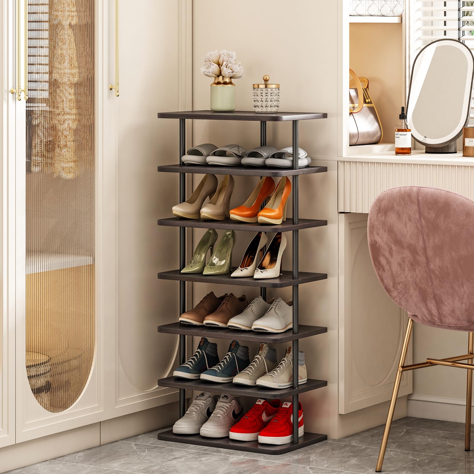 Hzuaneri Scarpiera verticale, scarpiera a 6 livelli, Scaffale Portascarpe, scarpiera salvaspazio, 2 Ganci, 30 x 26,5 x 101 cm, per Ingresso, Soggiorno, Camera da Letto, Avorio Chiaro e Nero SR04205B