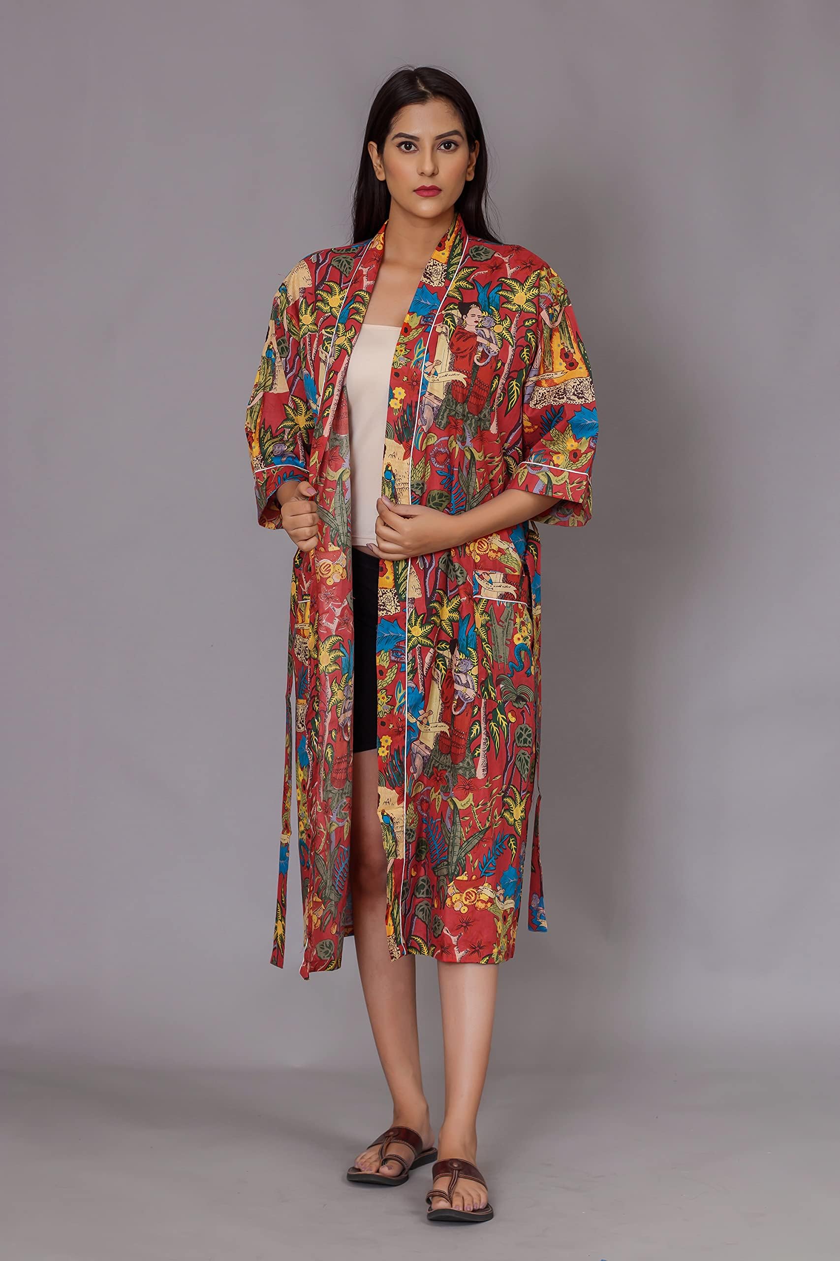 Women's Indian printed kimono cardigan v neck loose beach cover up cotton kimono night gown