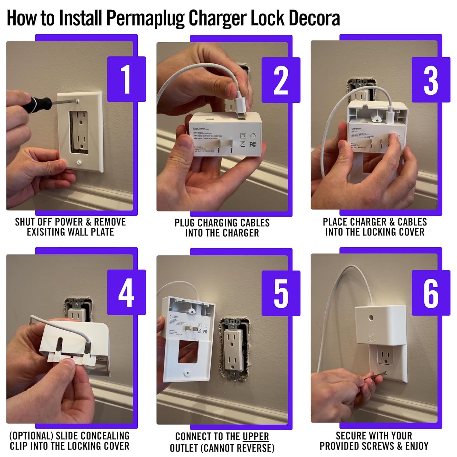 Permaplug Charger Lock Decora for Decorator Style Power Outlets: Safeguard Your Phone Charger Against Theft, Unplugs, and Cable Damage (USB-C to Lightning, 10ft)