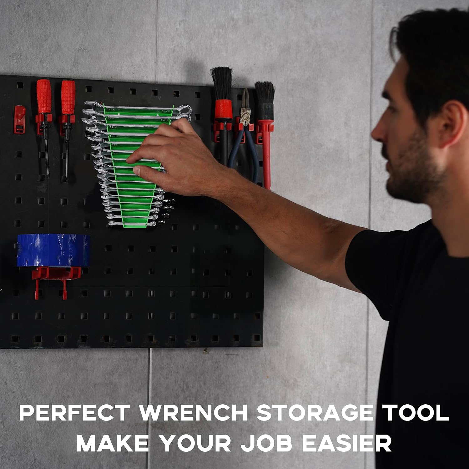 Reniteco Plastic Wrench Organizer, Premium High-density Wrench Holder, Large Wrench Racks for Wall and Tool Box, 64 Slots Fit SAE&Metric Wrench Tray(4Green)