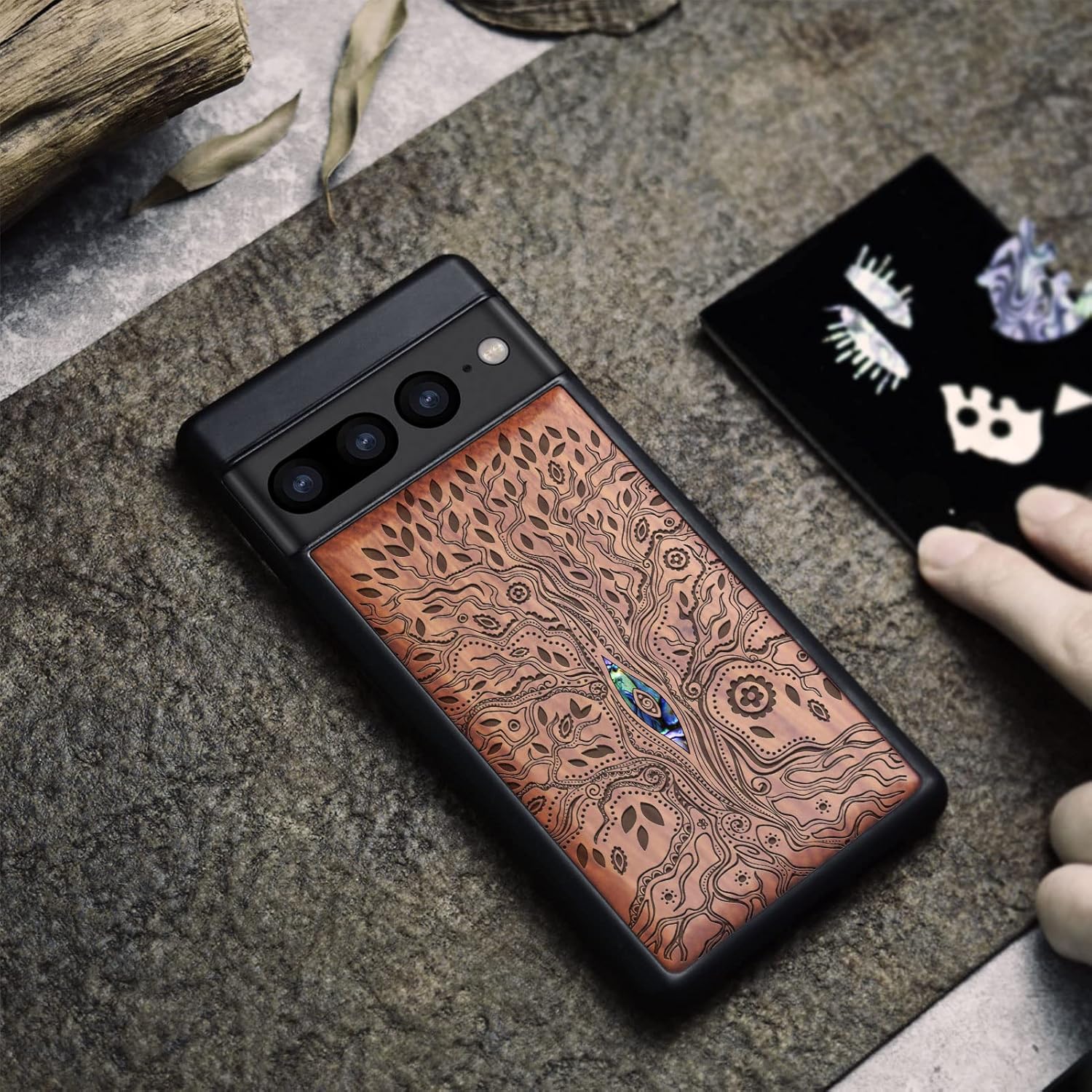 Carveit Designer Wooden Case for Google Pixel 7 Pro Case [Wood Engraving & Shell Inlay] Unique Wood Cover Compatible with Wireless Chargers Pixel 7 Pro (Tree of Life-Rosy)