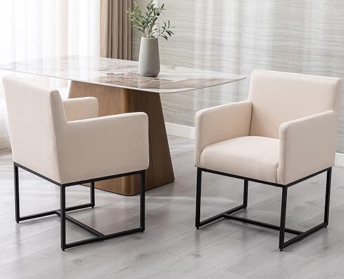 Miniatura 3 de VESCASA Juego de 2 sillas de comedor tapizadas de lino con brazos, modernas sillas de cocina acolchadas de mediados de siglo con marco de metal