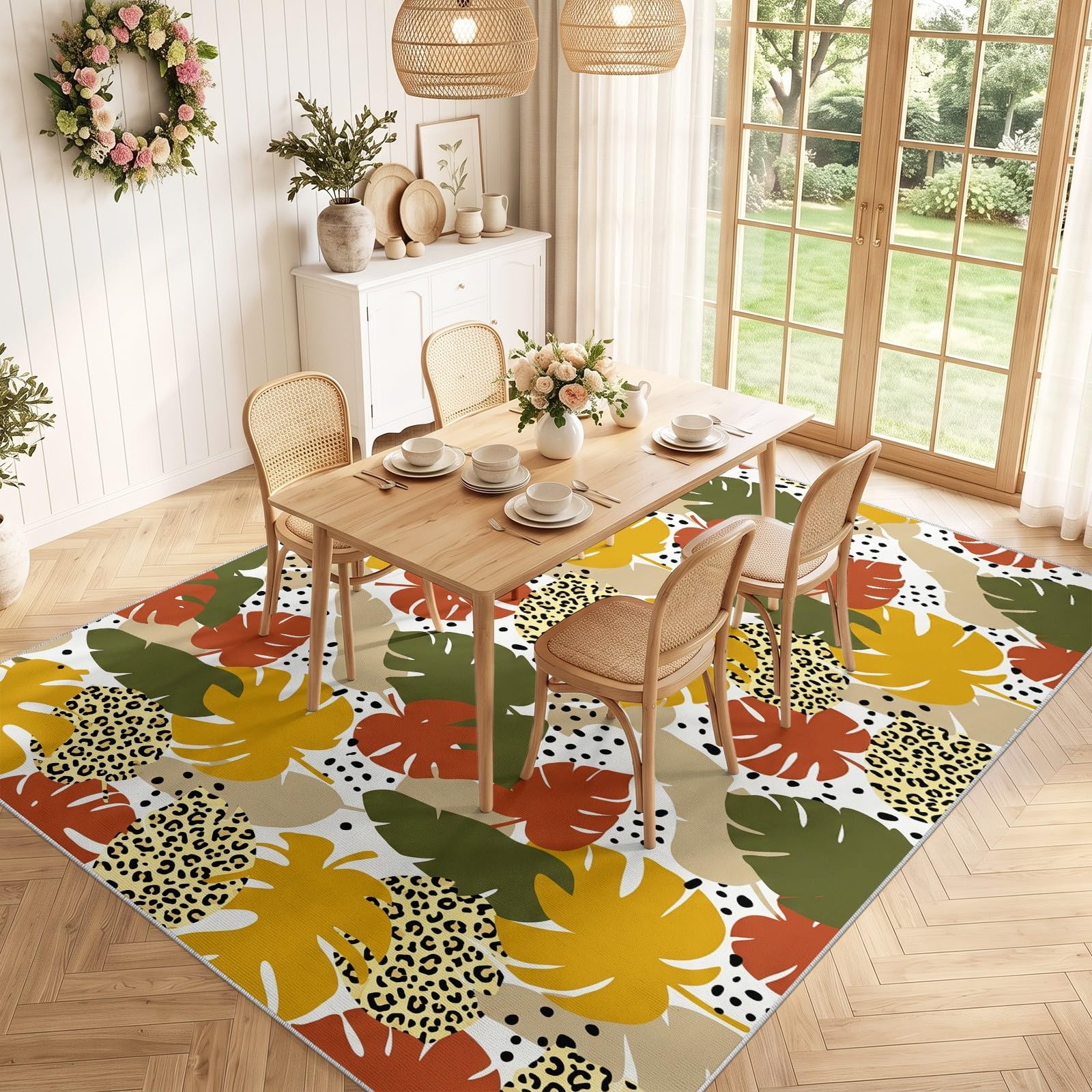 Tappeto per soggiorno, moderno, 120 x 170 cm, lavabile, antiscivolo, morbido, a pelo basso, antimacchia, motivo con foglie, decorazione per interni