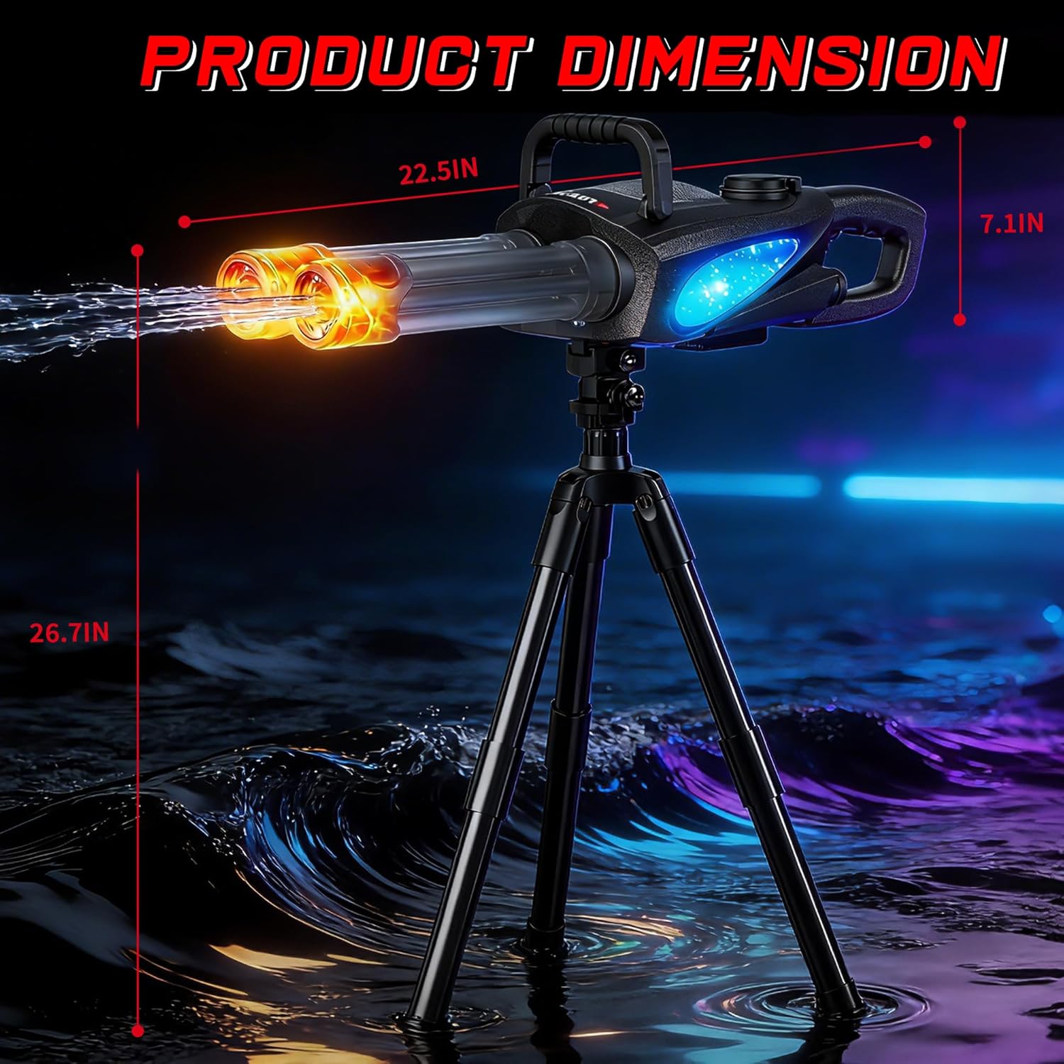 Gatling Electric Water Gun for Kids & Adults - Rotating Double Barrel Squirt Gun with Stand and LED Light, Long Range Automatic Water Guns with Backpack, Outdoor Water Blaster Pistol Pool Party Toys