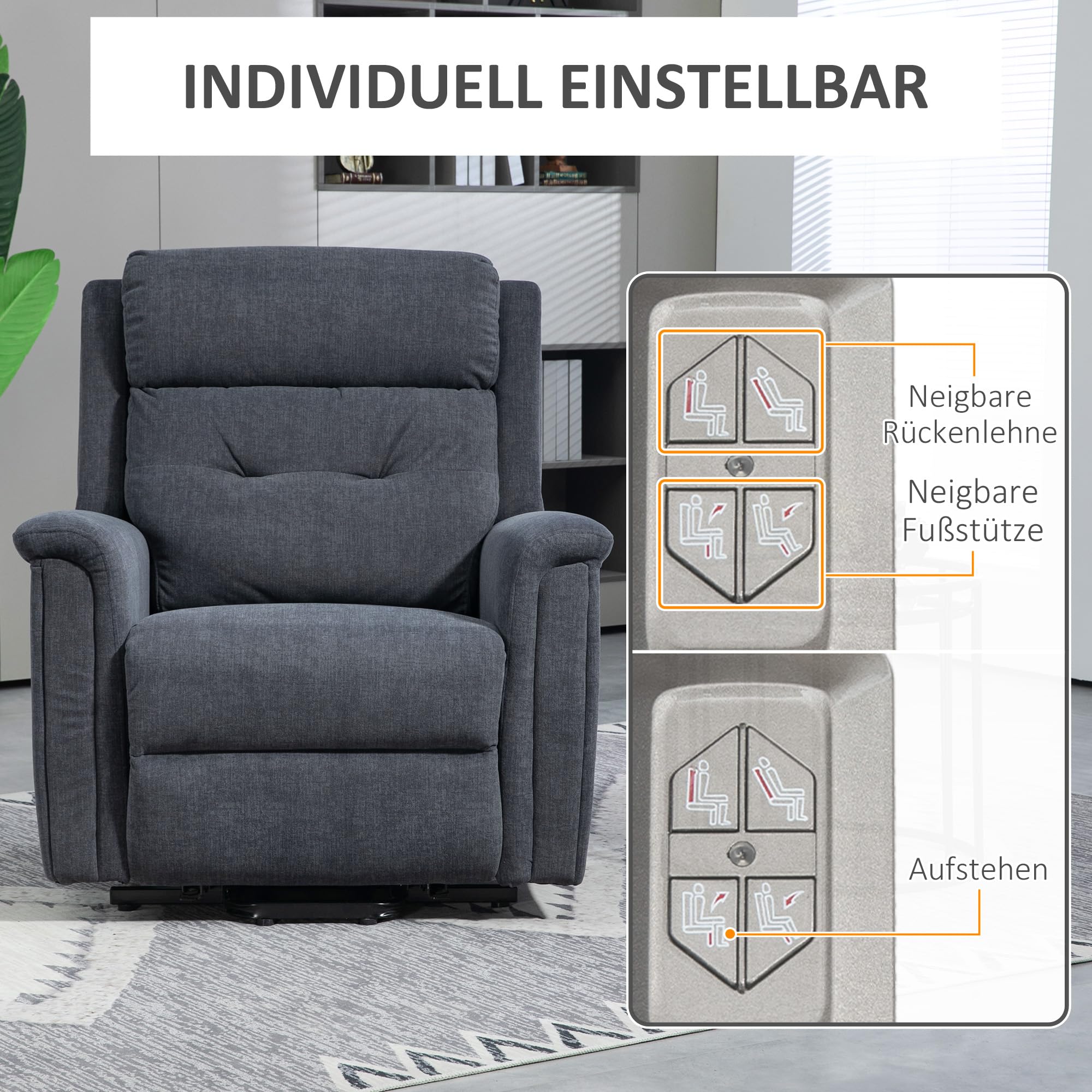 HOMCOM Elektryczny fotel telewizyjny z funkcją wspomagania wstawania, funkcja leżenia, 2 silniki, fotel telewizyjny dla seniorów z pilotem zdalnego sterowania, kieszeń boczna, wygląd lnu, ciemnoszary