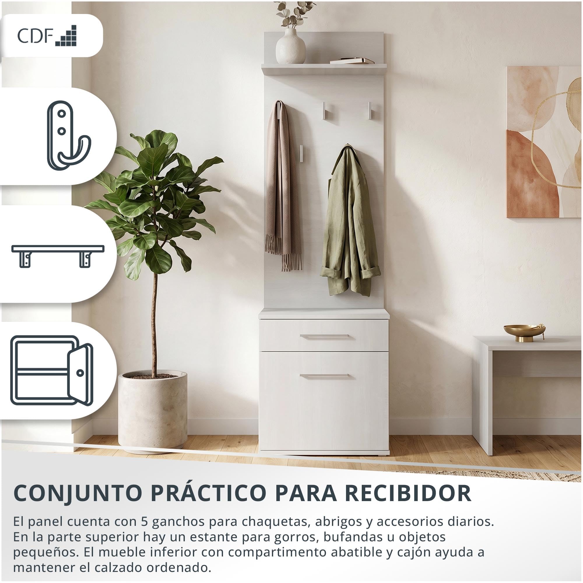 CDF Juego de Perchero Mueble Recibidor Zapatero de Entrada con y Panel 5 Ganchos Armario Entrada Conjunto de Armario/Perchero Mueble de entrad No es Necesario Hacer Agujeros Blanco
