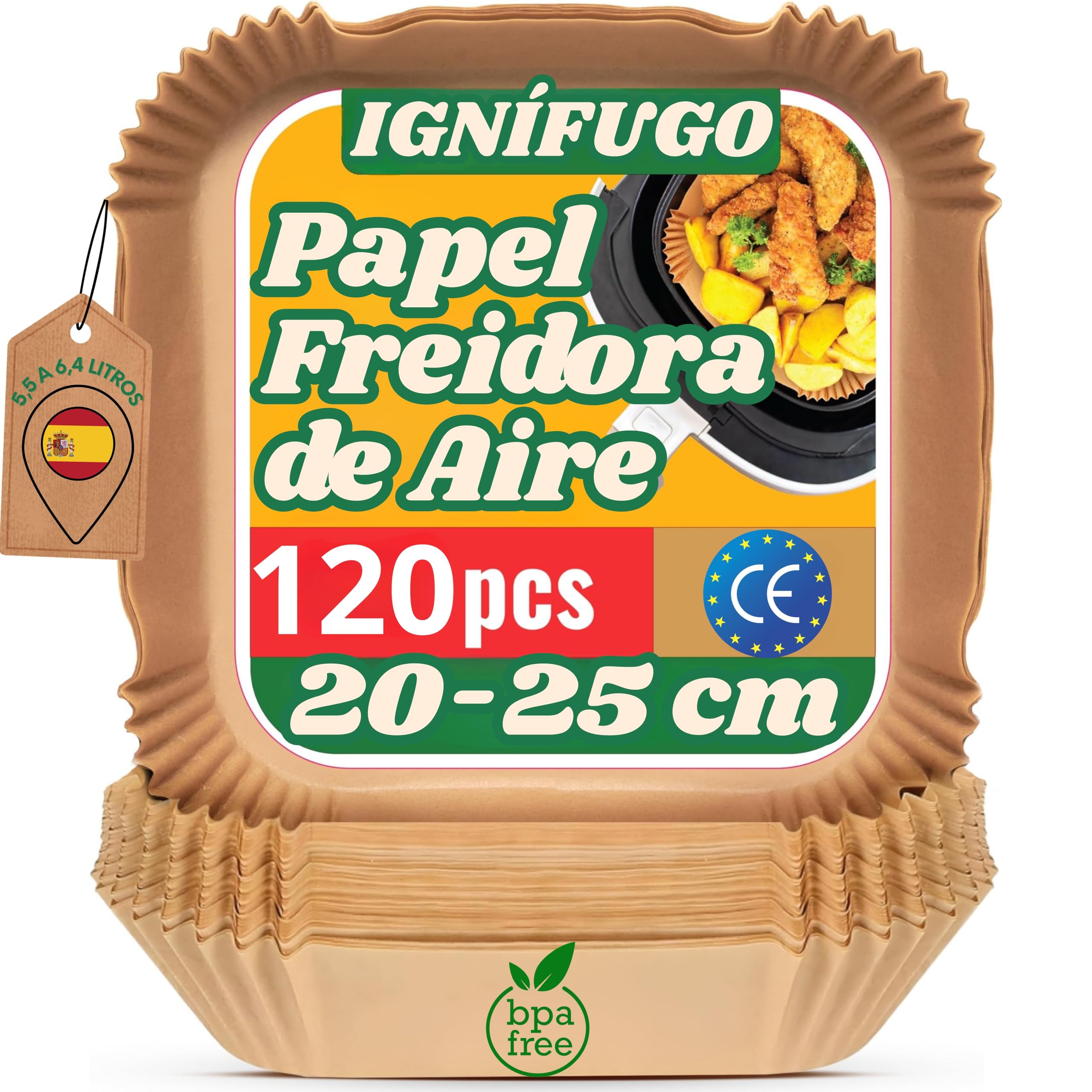 Papel para Freidora de Aire Cuadrado - Compatible con Cosori 5.5L, Cecotec 6L, Ninja Dual y Philips - Moldes Desechables de Papel para Air Fryer Rectangular - Sin BPA (Pack 120 Unidades)