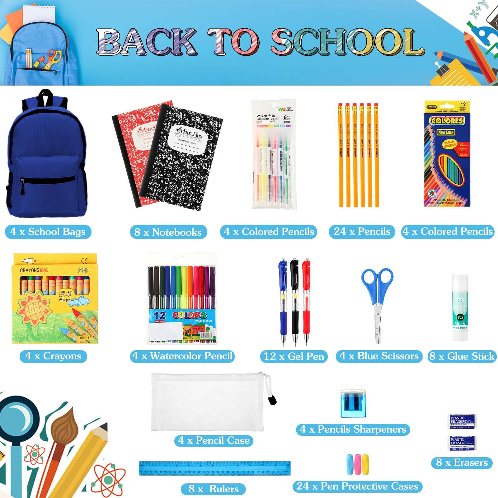 Gilprop Set di 4 articoli essenziali per il rientro a scuola, include astuccio per la scuola, penna gel, matite colorate, pastelli, matite, quaderni, temperamatite, forbici, colla, gomma, astuccio per