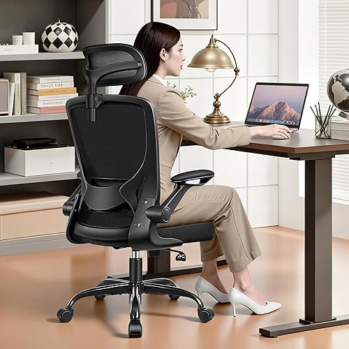 Miniatura 14 de Silla de oficina ergonómica de respaldo alto, sillas de escritorio de malla para oficina en casa con soporte lumbar, reposabrazos abatibles, silla