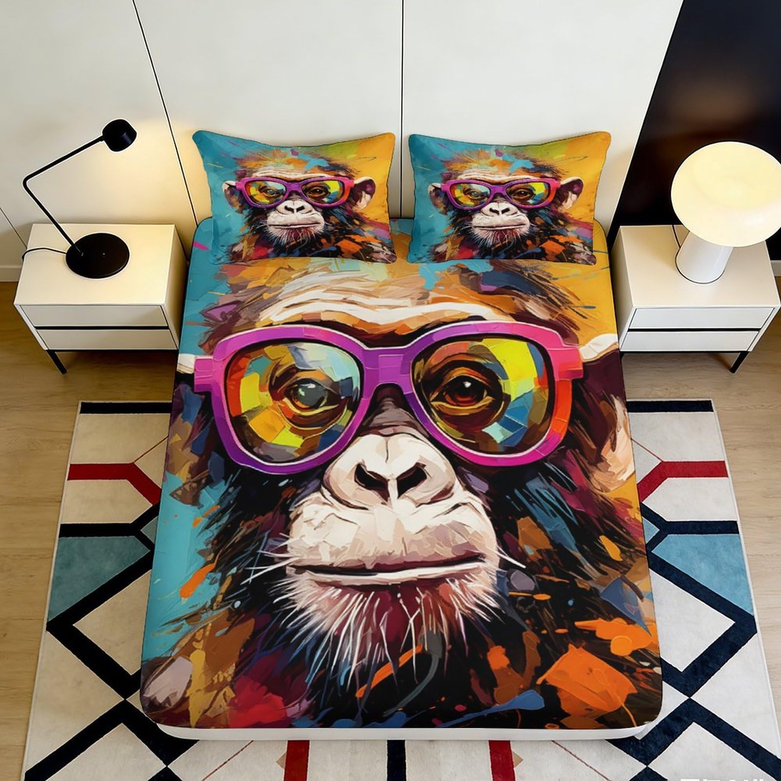 3D Printed Graffiti Monkey Fitted Sheet Microfiber Deep Pocket Elastic Hem Bedroom Bedding Graffiti Monkey Mattress Fitted Cover Washable for Adults 140x200x25cm