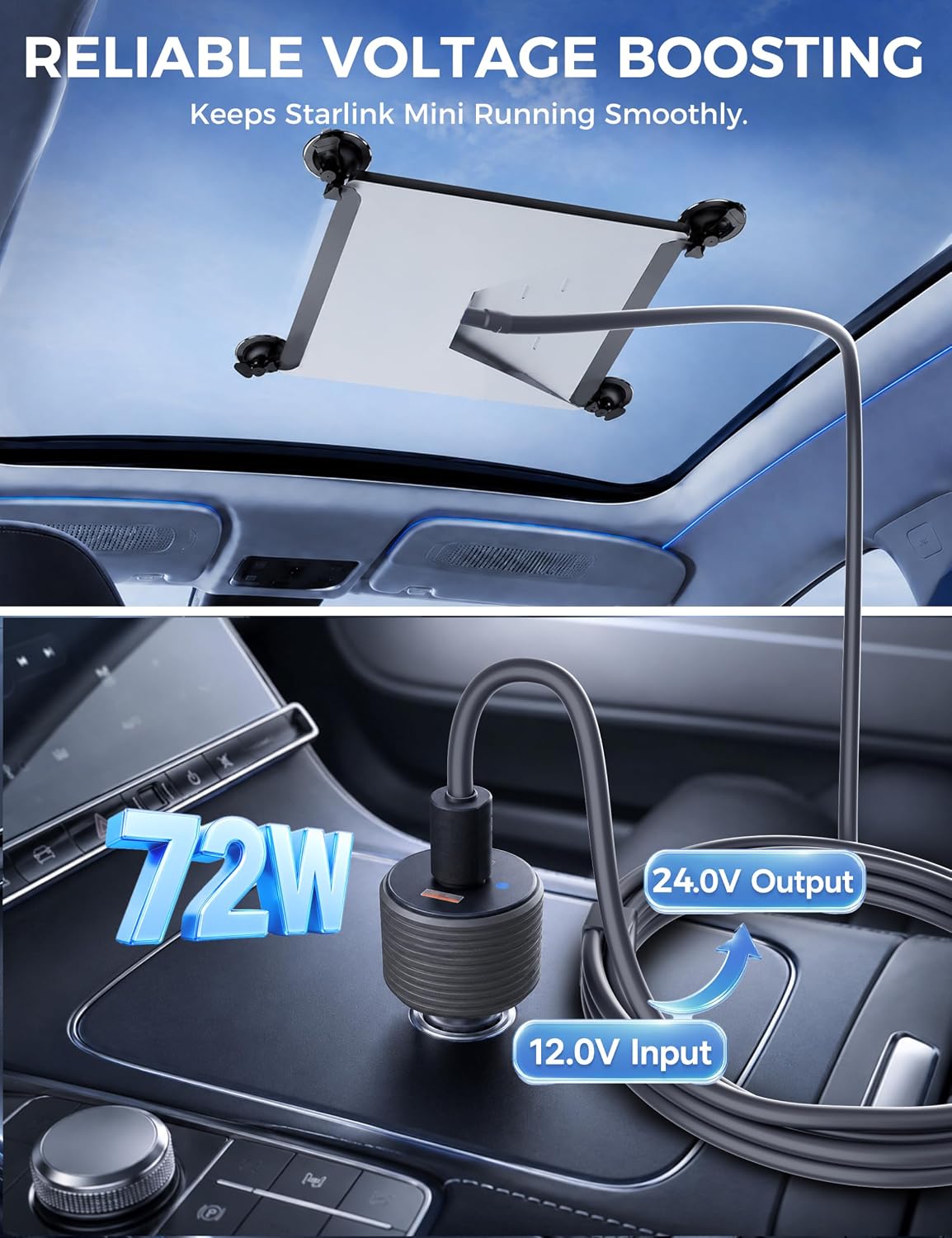 72W Max Stable Voltage Boost Starlink Mini Car Adapter, 3-in-1 Car Charger image 3