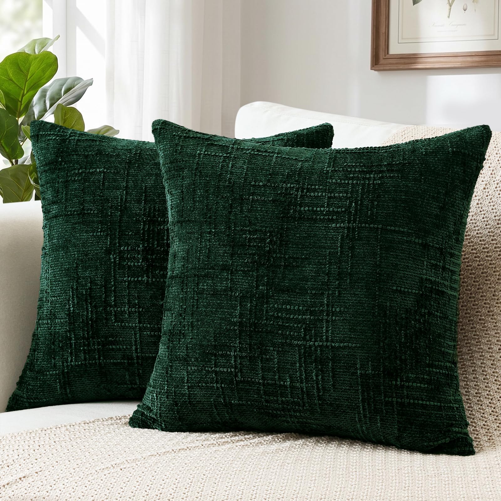 Sungeek Pack of 2 Chenille Textured Cushion Covers 45x45cm, Farmhouse Solid Dyed Throw Pillow Case Cover, Decorative Square Cushion Case for Home Decor Couch Sofa Bed Living Room, Dark Green โ image 1