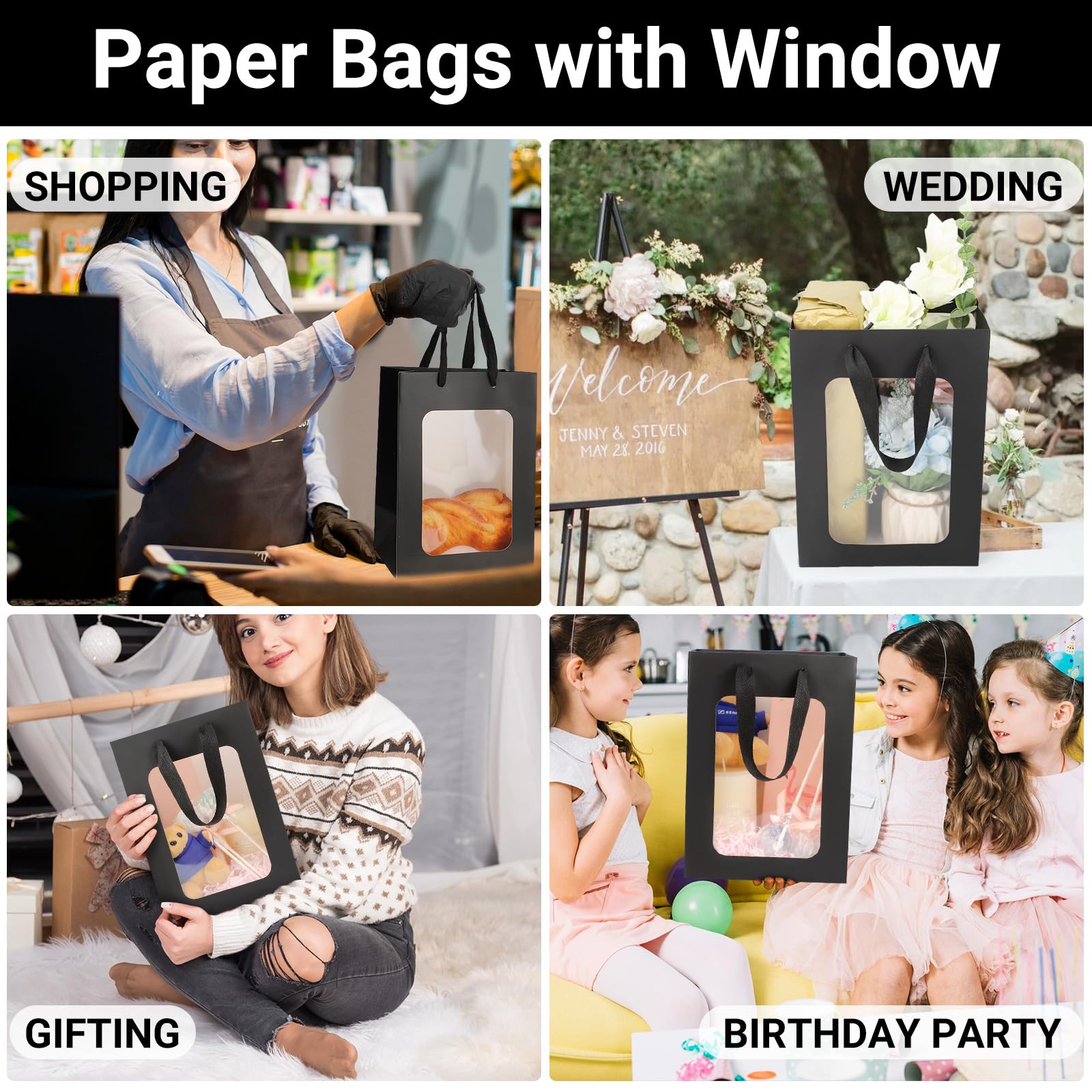 EUSOAR Geschenktüten Schwarz - 50 Stück 230GSM Papiertüten mit Henkel - 18x13x25cm Geschenktüte mit Fenster - Geschenktasche mit Sichtfenster - Papiertüten Klein Party Verpackungstüten