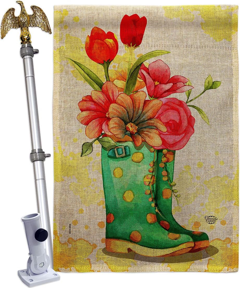 Spring Boots House Flag Garden Floral Sunflower Tulip Rose Orchid Lilies Season Springtime Flower Wreath Small Decorative Gift Yard Banner Made In USA 28 X 40
