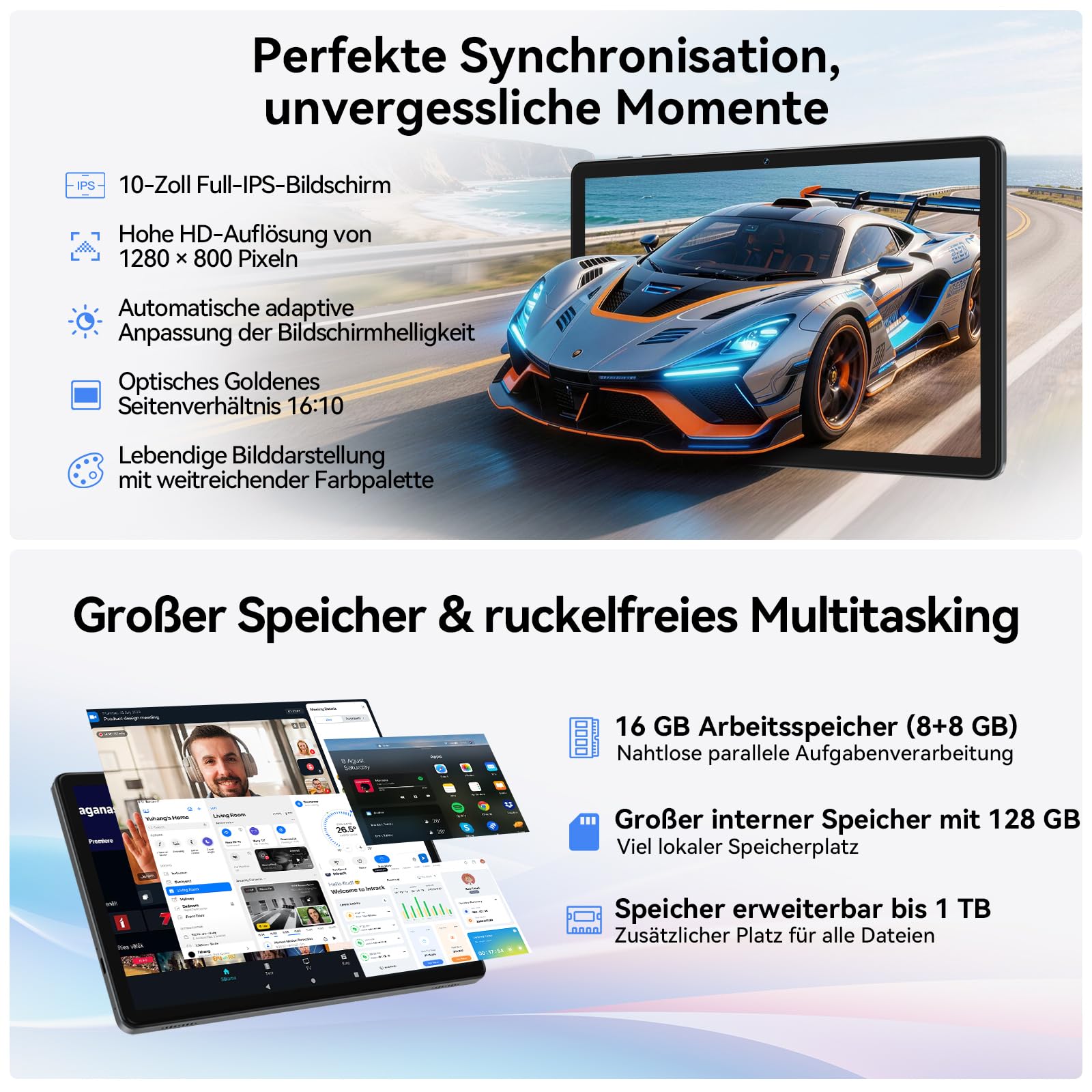 KADYBE Tablet 10 Zoll Android 16 Tablets mit 16GB +128GB 9-In-1 Komplettset mit Tastatur Maus Stift Hülle Gesichtsentsperrung 13MP Kamera 7000mAh GPS WiFi 5 Bluetooth 5 Tablet für Homeoffice