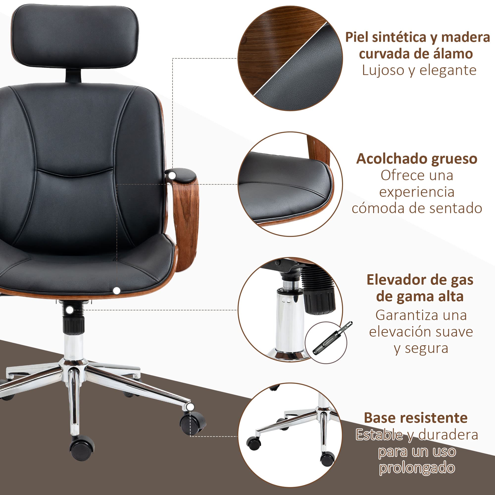 Vinsetto Silla de Oficina Ergonómica Silla de Escritorio Giratoria de Cuero PU con Reposacabezas Extraíble Altura Ajustable y Función de Inclinación 63x62x110-120 cm Negro