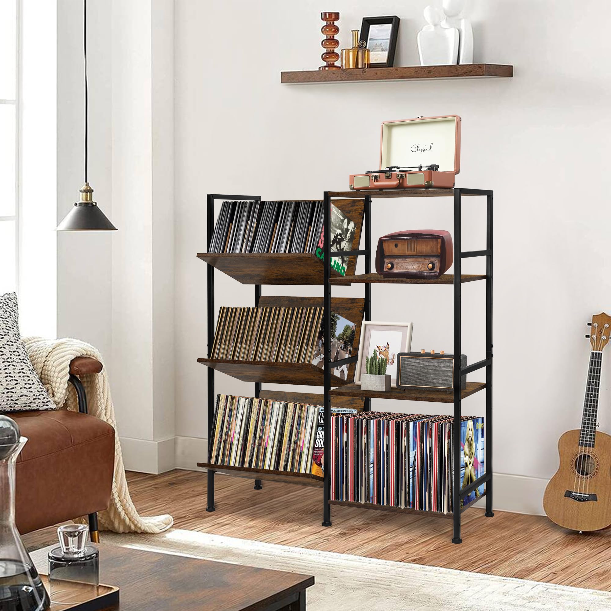 TQVAI Grand support de lecteur de disques vinyles pouvant contenir 200 albums, table tournante avec étagères de rangement, 3 étagères en bois, vitrine