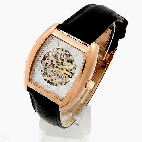 MECCANIX Mens Rose Gold Mechanical"Skeleton" Watch with Black Strap. Model: AG-0658