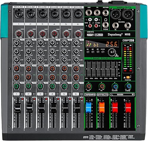 Depusheng MX6 Mezclador de sonido de 6 canales Consola de mezcla de audio 48V 256DSP Profesional USB PC Play Record Podcast Live Broadcast (US MX6)