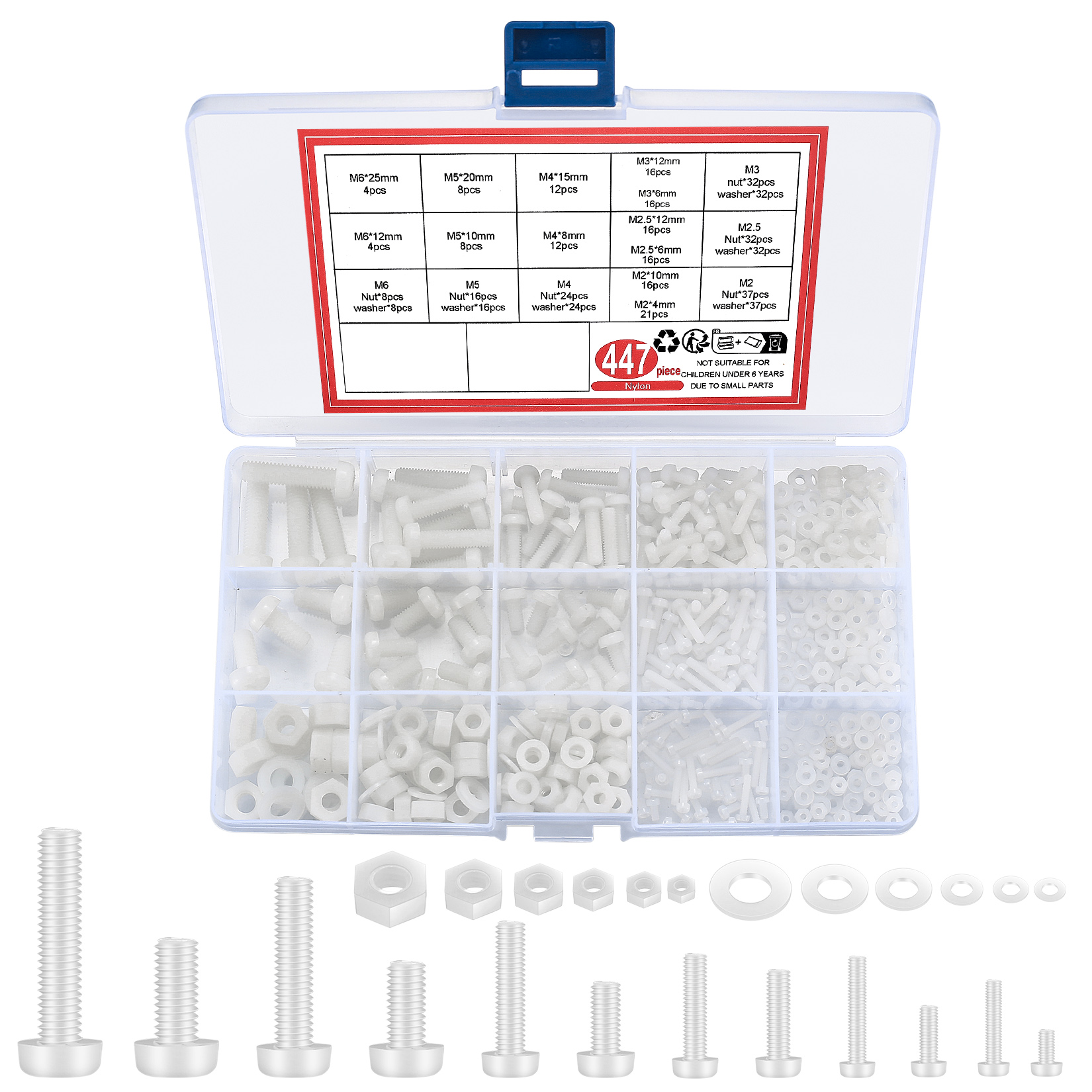 Nylon Bolts And Nuts Set, 530 Pcs Flat Round Head Hexagon
