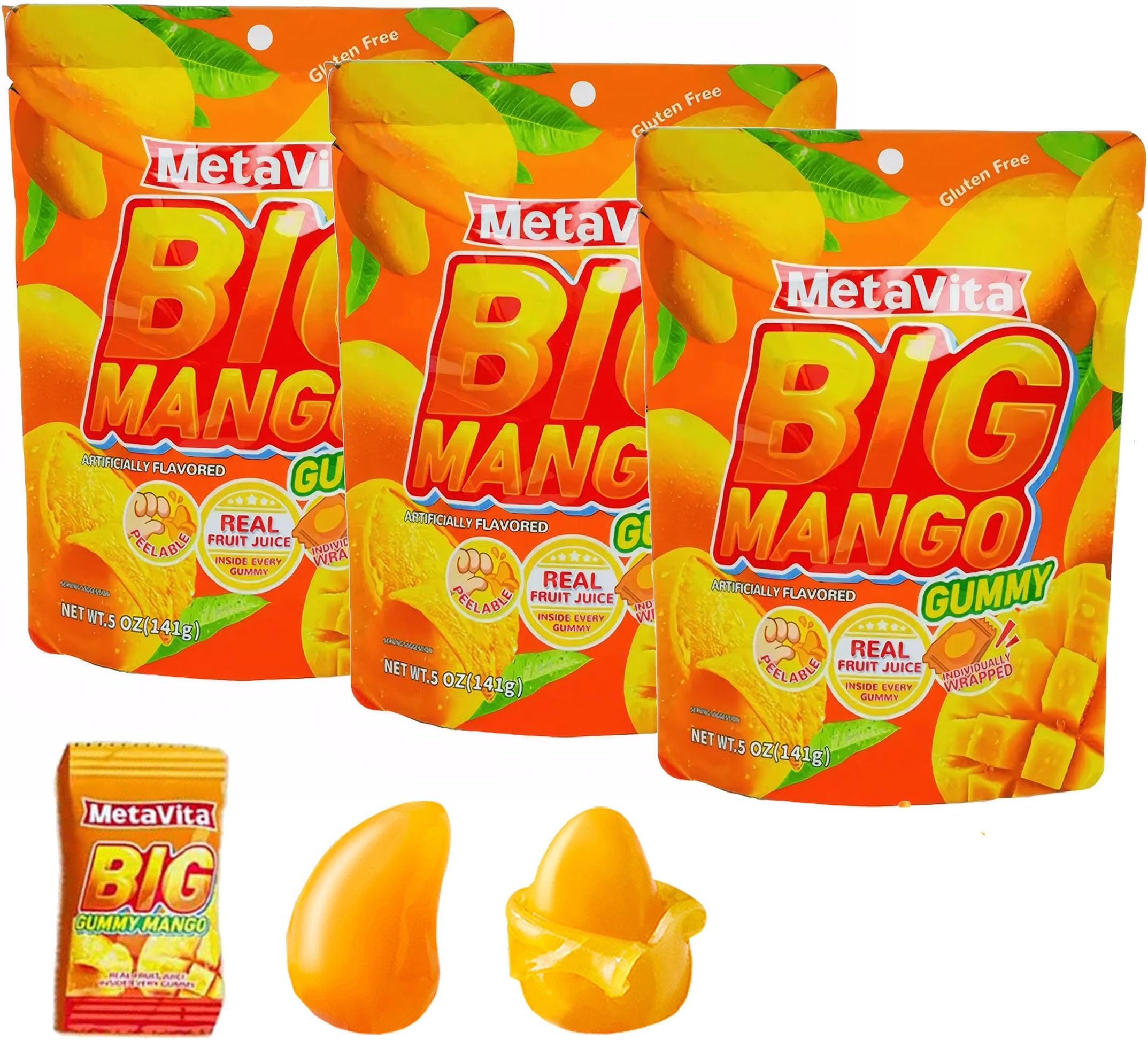 (3 Packs 1LB) MetaVita - Big Peelable Mango Gummy Candy –Individually Wrapped with Real Puree – Chewy Mango Peeling Candy, Gluten-Free