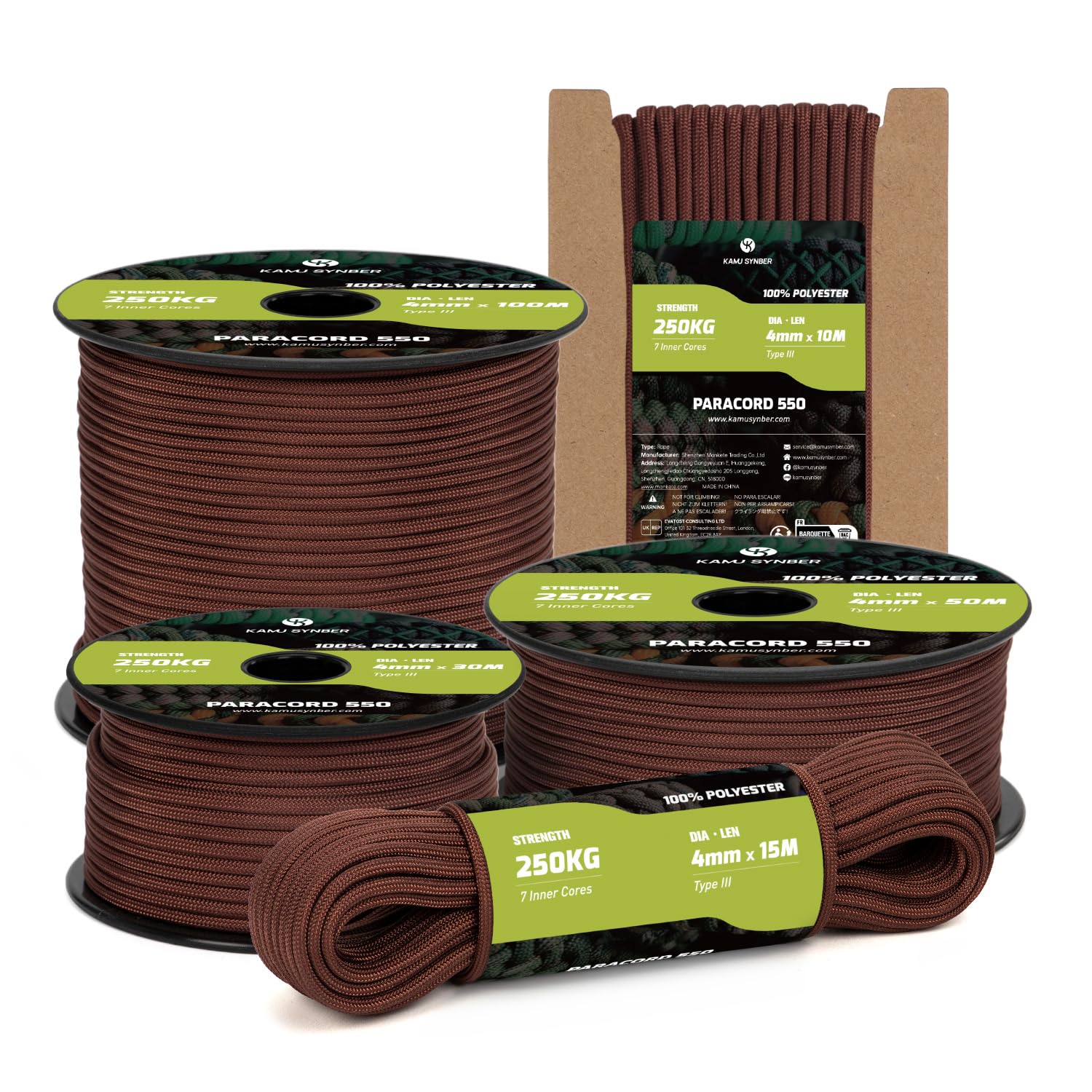 Kamu Synber Paracord 550 Type III 4mm 10m 7 Strands 100% Polyester Rope Parachute Cord Ideal for Crafting, Outdoor, Survival | Support 250kg | Chocolate Brown