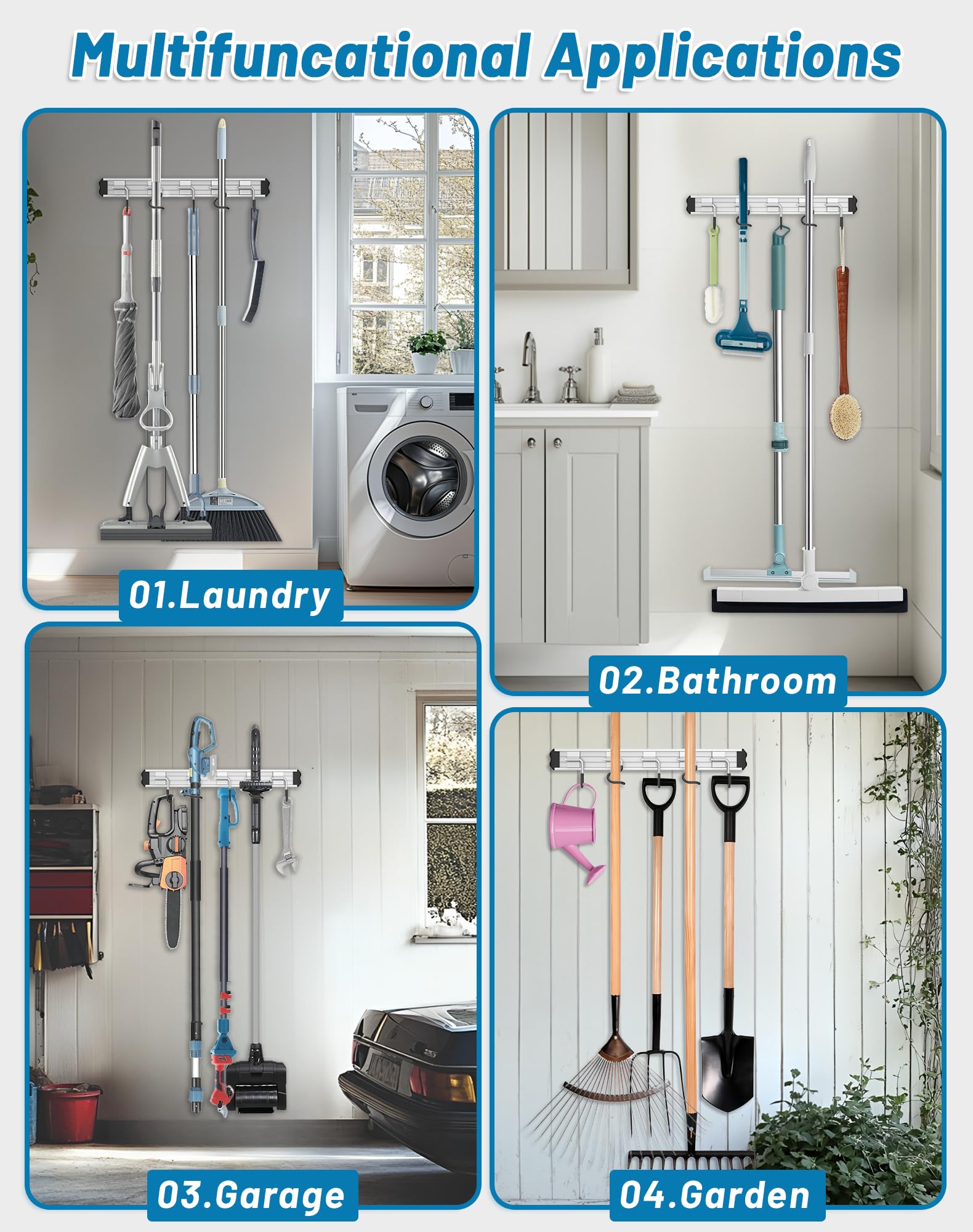 Soporte de pared para fregona y escoba, organizador de herramientas de jardín, estilo moderno, gancho de pared de aleación de aluminio móvil, paquete de 3, regalo de almacenamiento para baño, armario