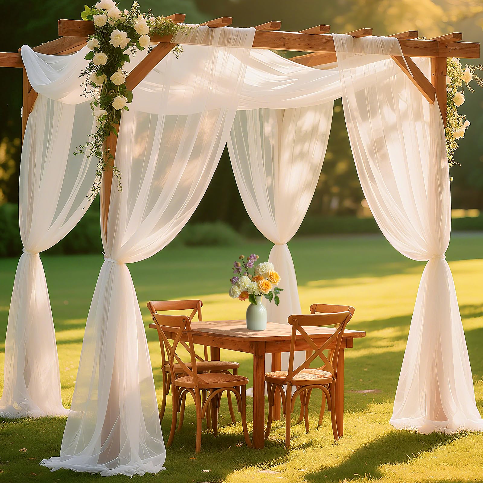 4 białe zasłony ślubne, białe zasłony, 15 m x 66 m, szyfon, na wesele, na imprezę, ceremonię, wesele, jako dekoracja na baby shower, recepcję, na scenę, jako dekoracja