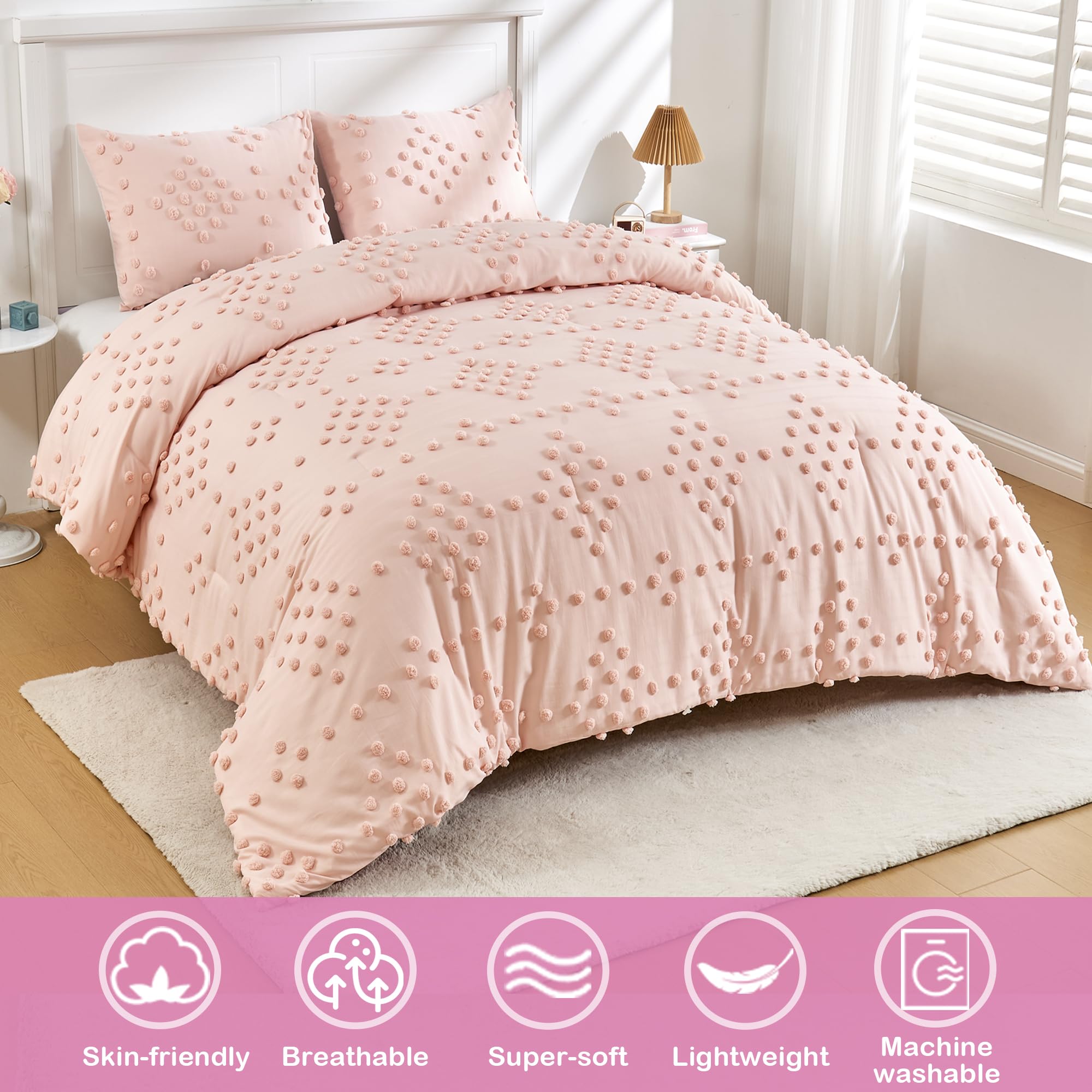 VIVILINEN 3-Piece Pink King Size Bedding Set Pom Pom Tufts Comforter Set Boho Tufted Dots Bed Set for Girls Jacquard Embroidery Bed-in-a-Bag Bohemian Quilt Set with Comforter, 2 Pillowcase