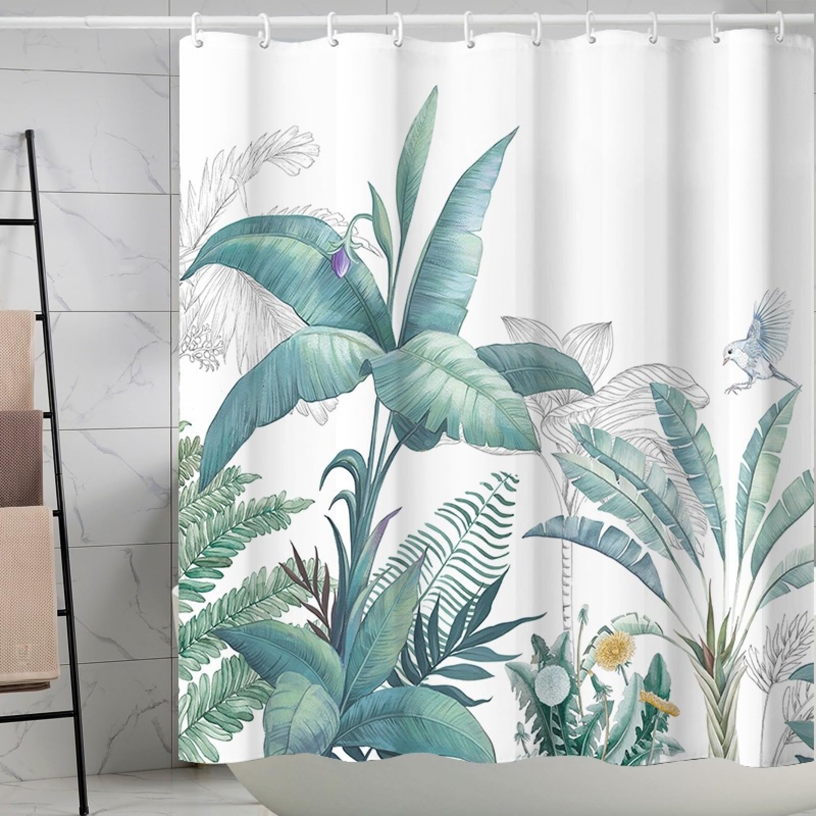 Shower Curtains Leaf Green Bird Wet Room Shower Curtain Mould Proof Resistant Waterproof Polyster Fabric Washable with 12 Hooks Garden Bathroom Curtains (180x220cm)