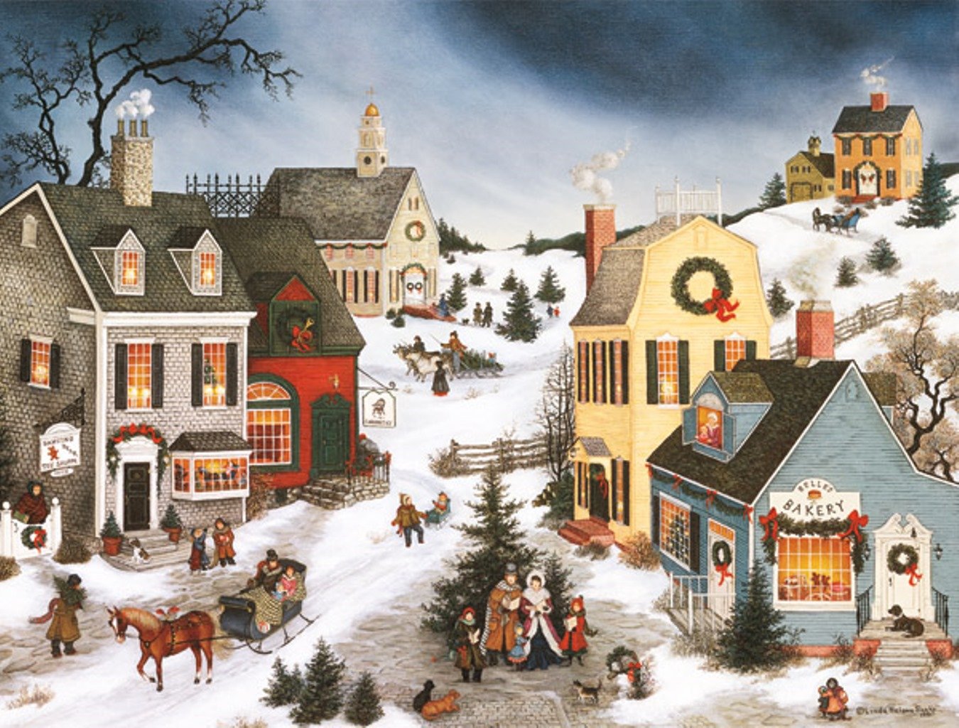 LANG - "Caroling in the Village", Boxed Christmas Cards, Artwork by Linda Nelson Stocks" - 18 Cards, 19 envelopes - 5.375" x 6.875"