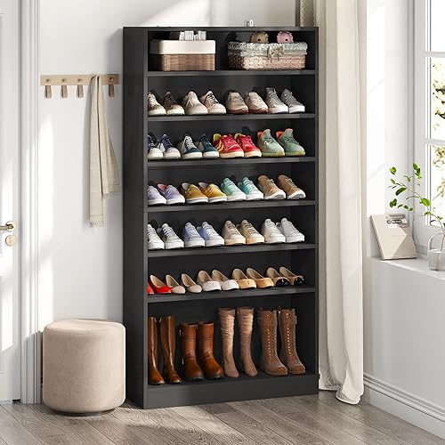 Miniatura 7 de Tribesigns Gabinete de zapatos de 2 piezas, 9 niveles, 40-45 pares de madera resistente, gabinete de almacenamiento independiente de zapatos,