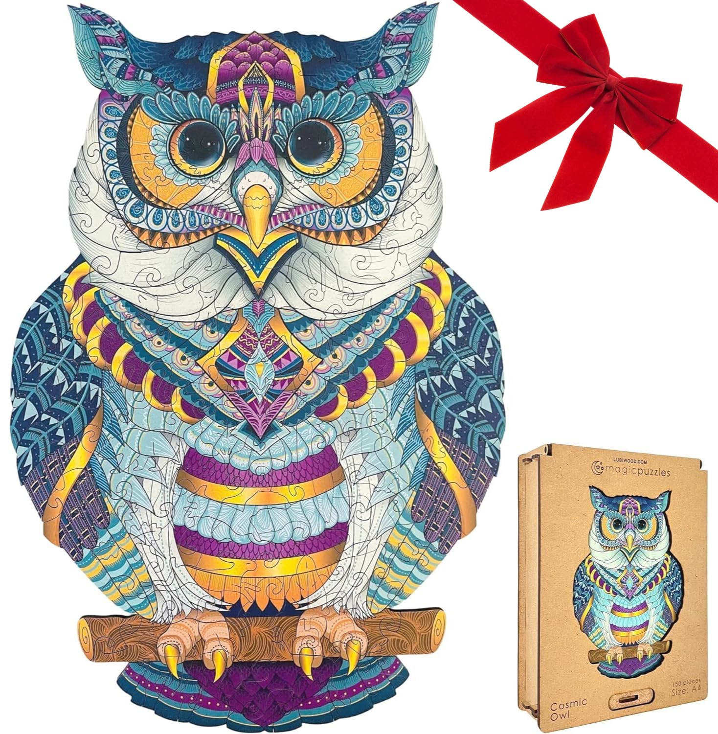 Lubiwood Cosmic Owl Unique Shaped Animal Wood Puzzle (42x29 cm) - European design, Stimulates Cognitive Skills - Includes Wood Gift Box โ image 1