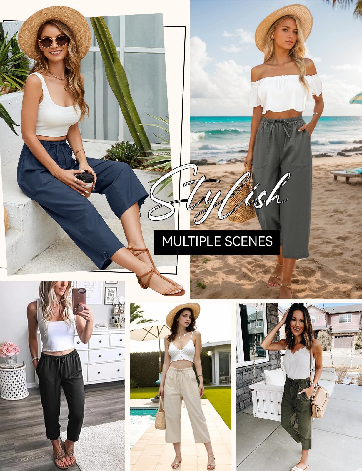 Pantalones Mujer Verano Lino Algodón 3/4 Cordón Bolsillos Flojo Playa Anchos Ligeros