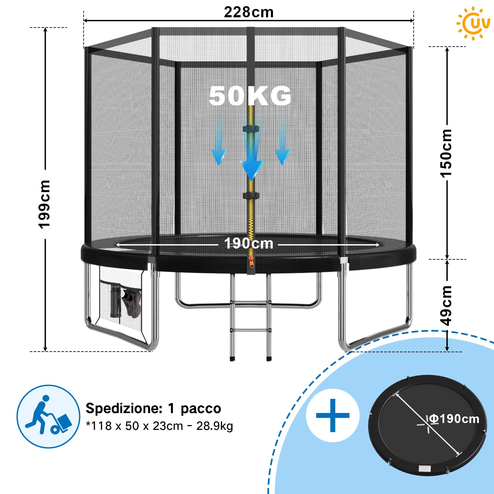 Devoko Trampolino Elastico per Adulti e Bambini, Tappeto Elastico da Giardino Ø 183/228/305/366/427 cm | Set Completo con Rete di Sicurezza, Scaletta, Copertura, Rete per Scarpe,150 kg