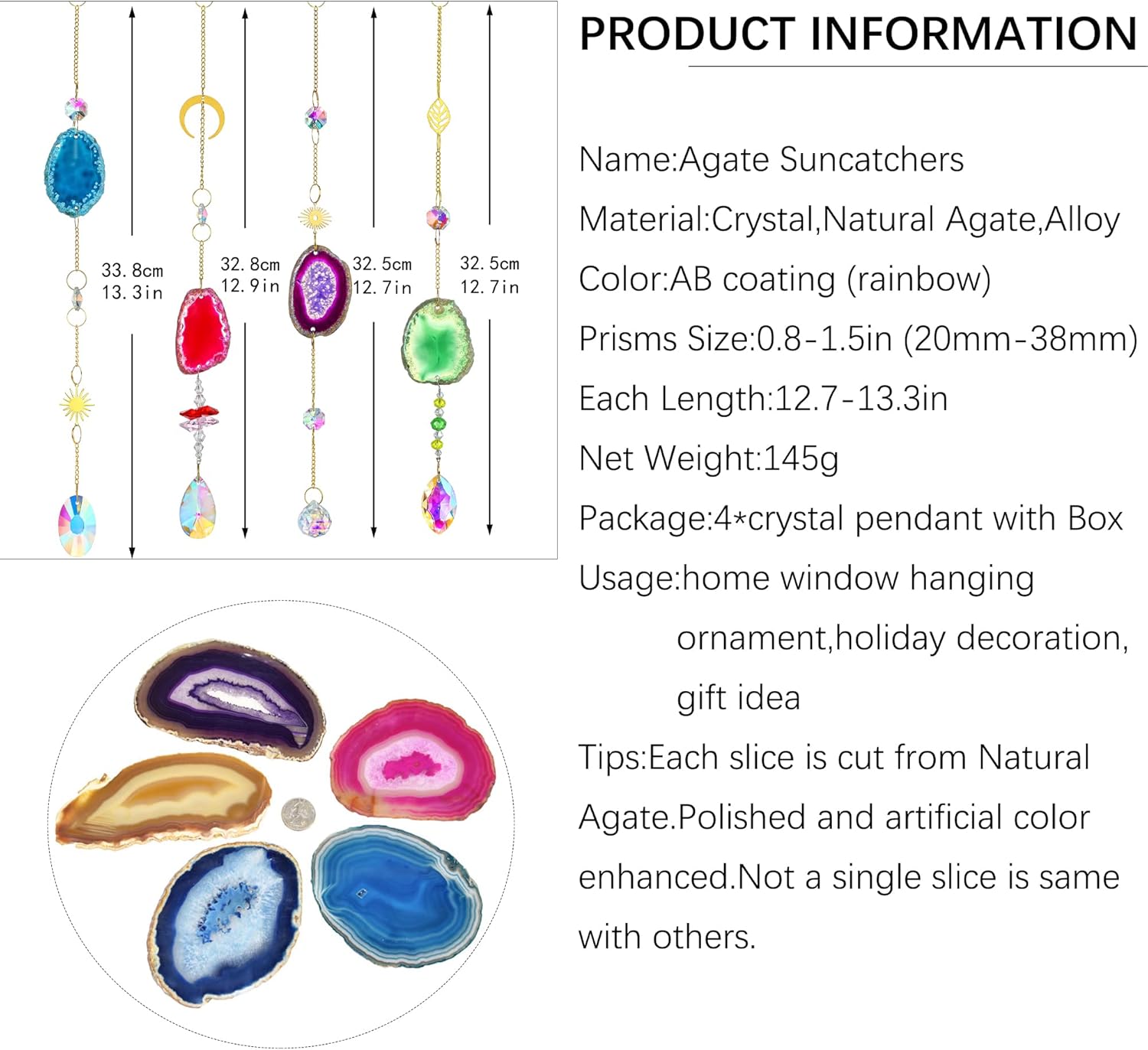 Hanging Dragonfly Pendant and 4pcs Natural Agate Slice Prisms Wind Chimes Ornaments Rainbow Maker