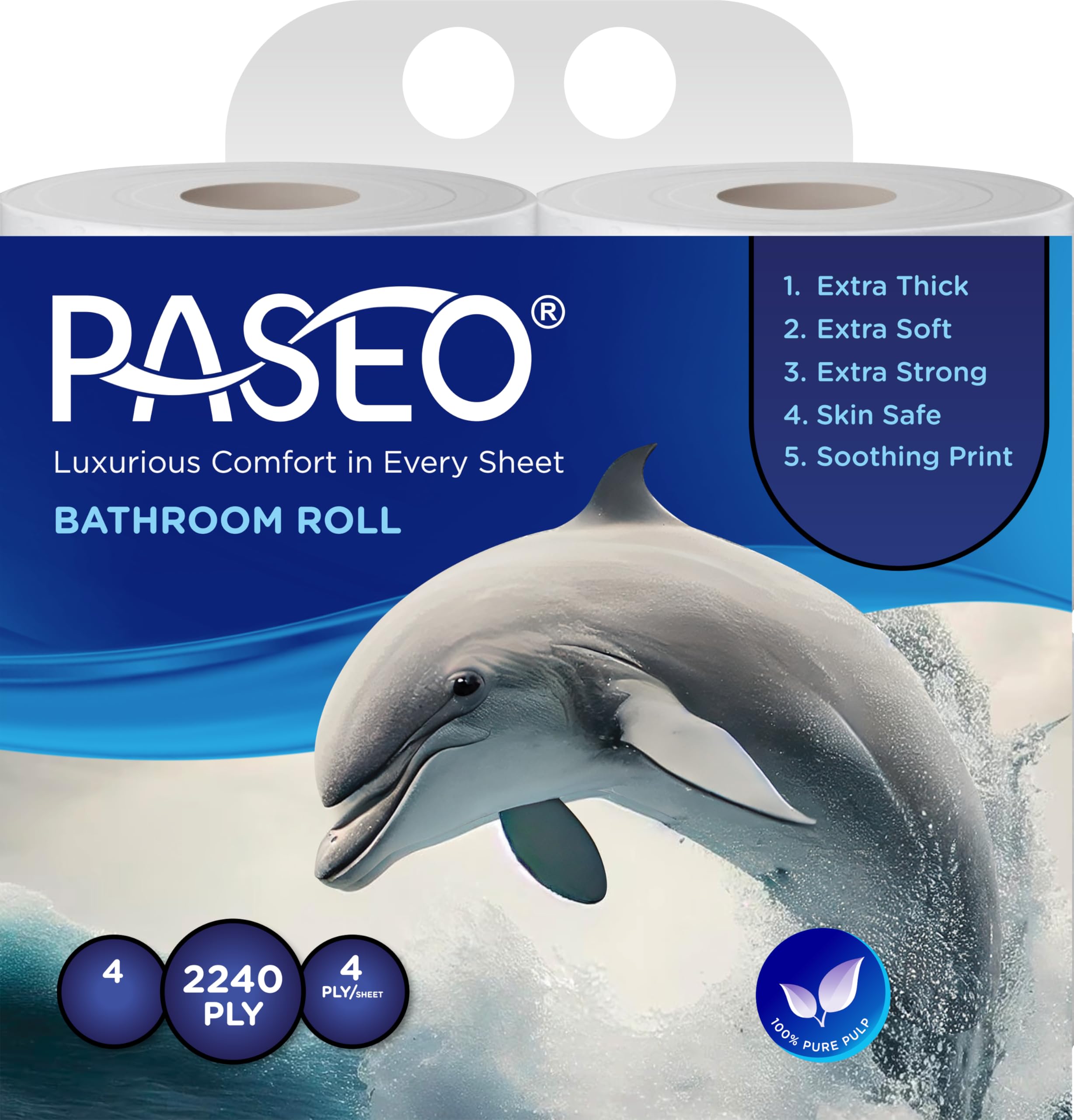 Paseo Dolphin Bathroom Tissue Roll | Embossed | 4 Ply, 140 Pulls, 560 Sheets Per Roll | Extra Soft, Strong & Skin Safe | Premium Toilet Paper, 100% Pure Pulp | Pack of 48 Rolls |-image-37