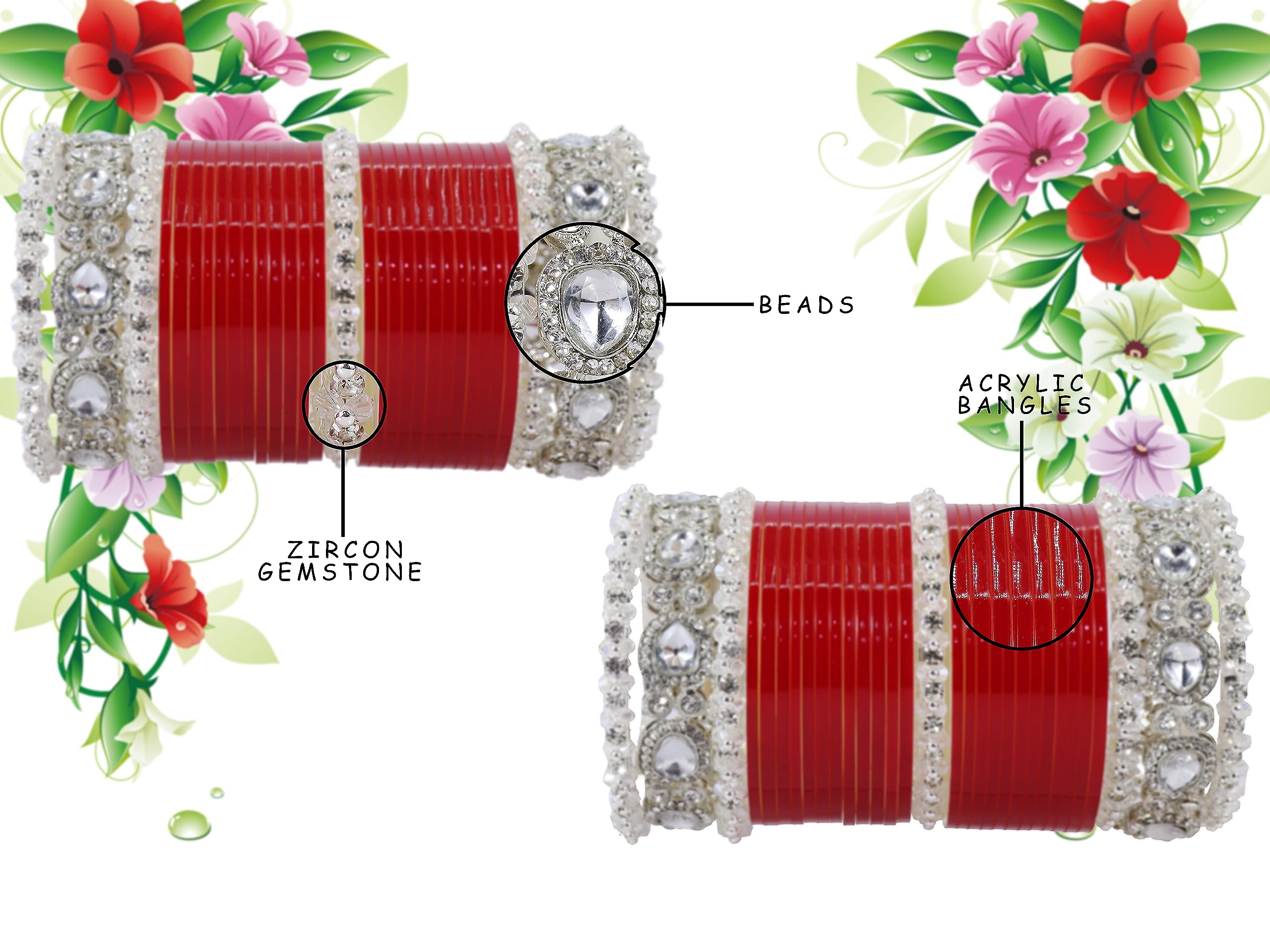 Red Acrylic Chuda Set Bridal AD Diamond Wedding Chura Punjabi Bangles