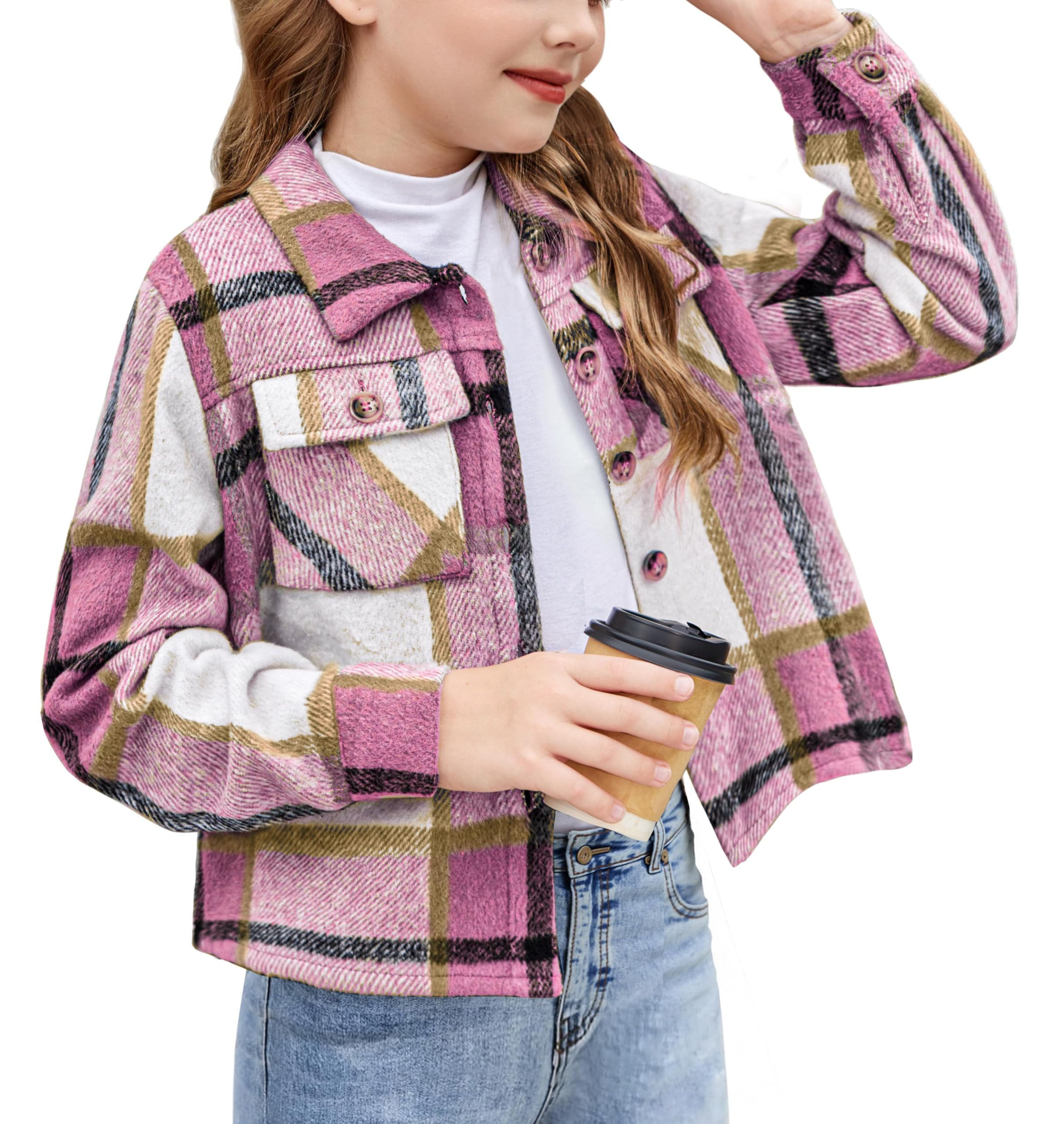 Arshiner Mädchen Blusen Flanell Kariert Kinder Herbst Winter Langarmshirt Komfort Mode Revers Button-Down Kurzjacke für Mädchen 6-7 Jahre